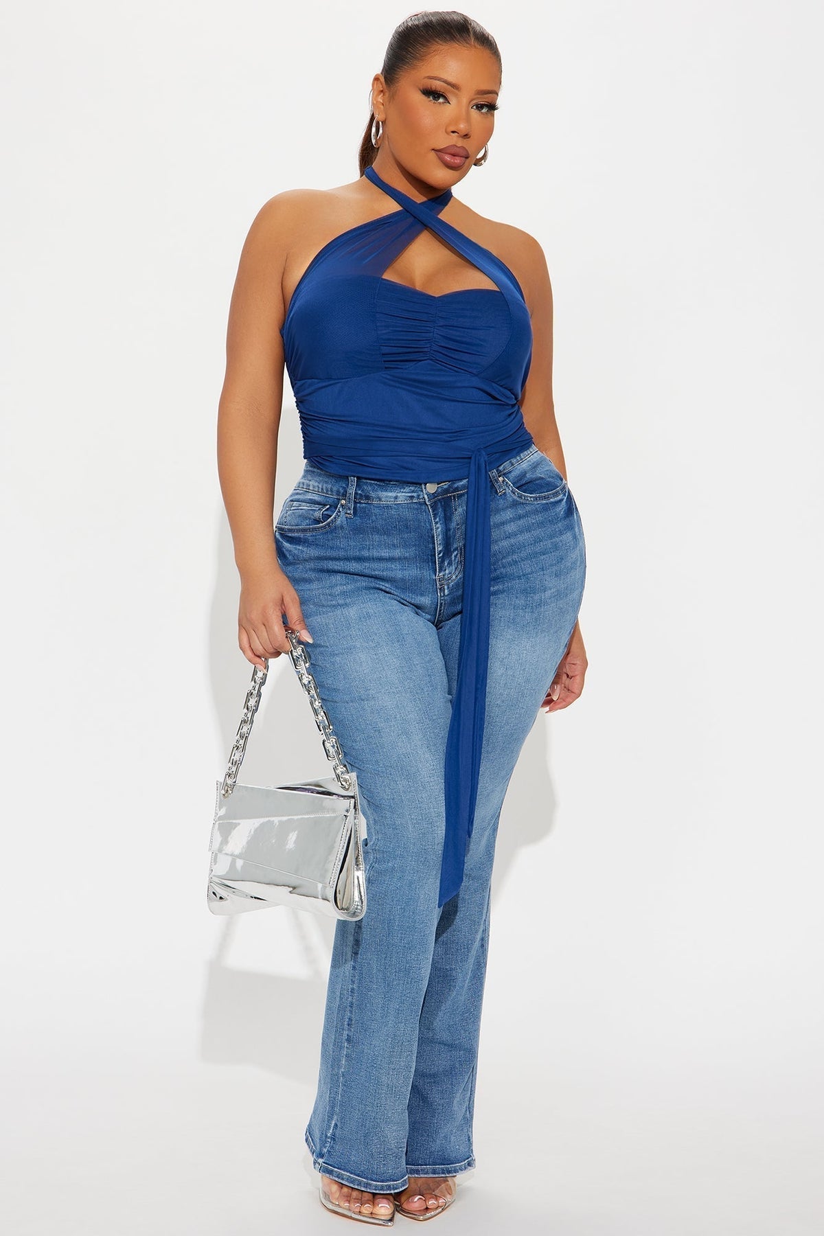 Brea Criss Cross Mesh Halter Top - Navy