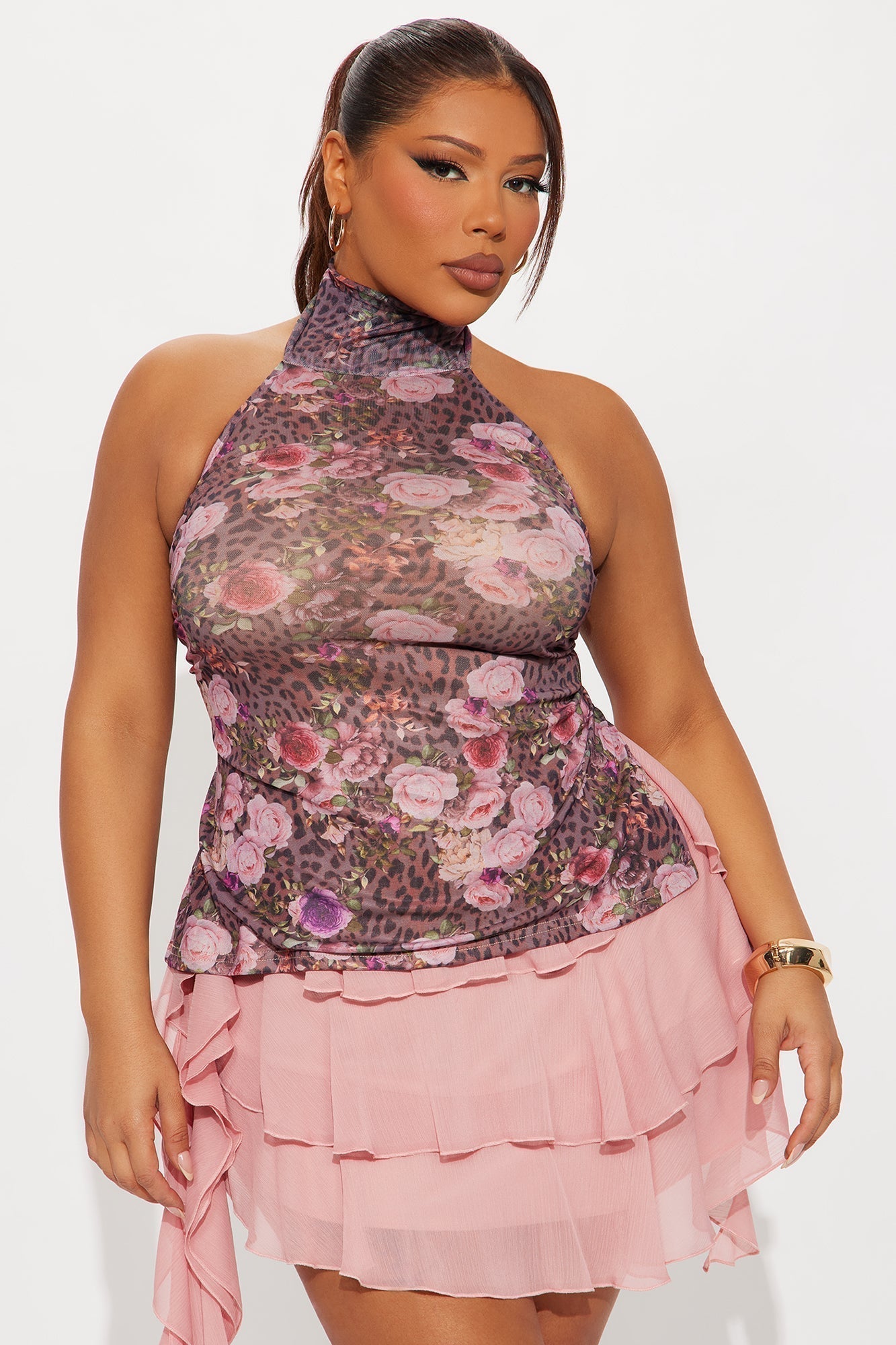 Club Temptation Mock Neck Halter Top - Leopard