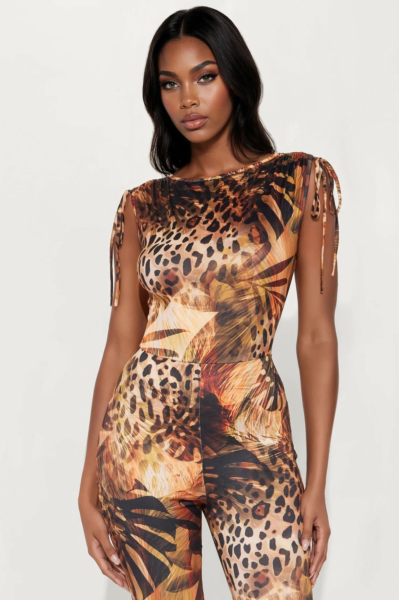 Eva Animal Print Flare Jumpsuit - Brown Combo