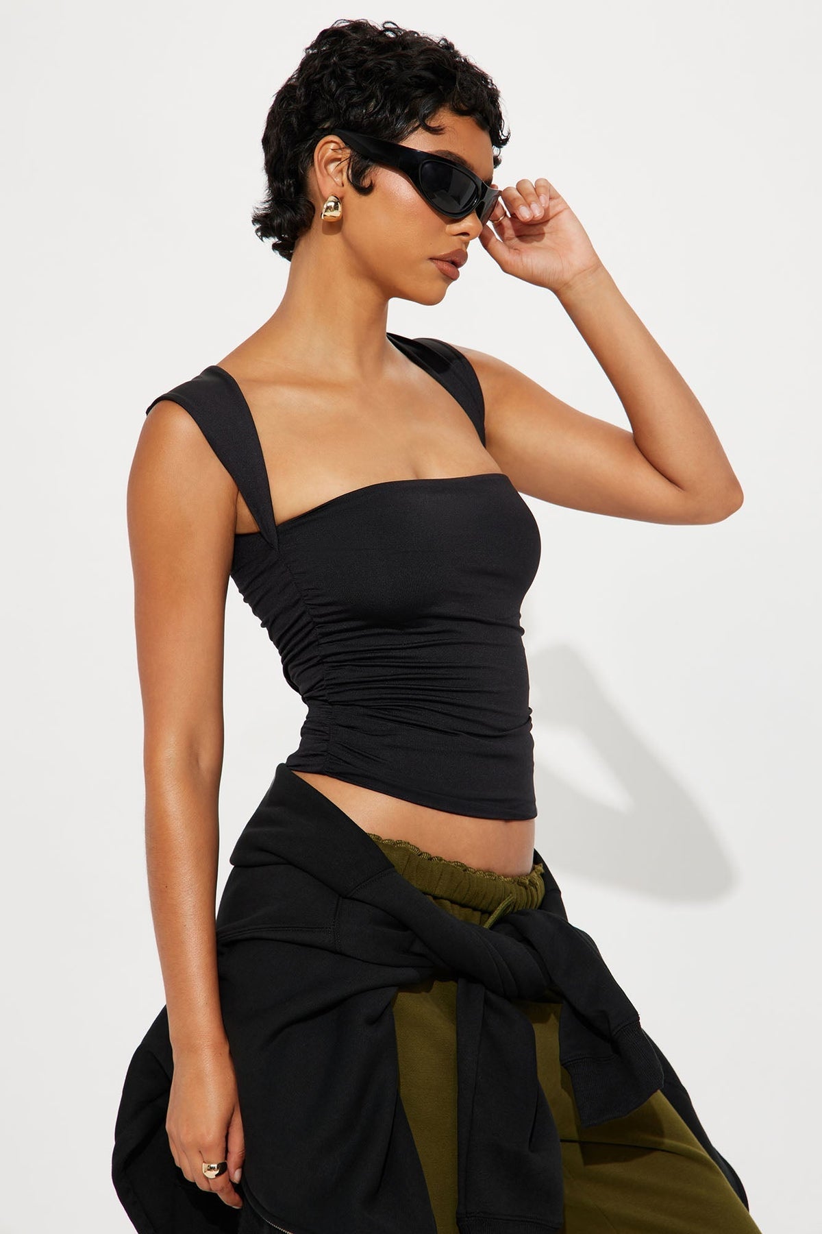 Contour Double Lined Straight Neck Tank Top - Black