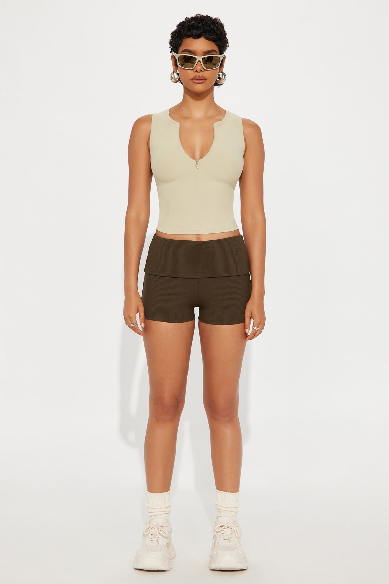 Second Skin Double Lined Zip Front Tank - Stone