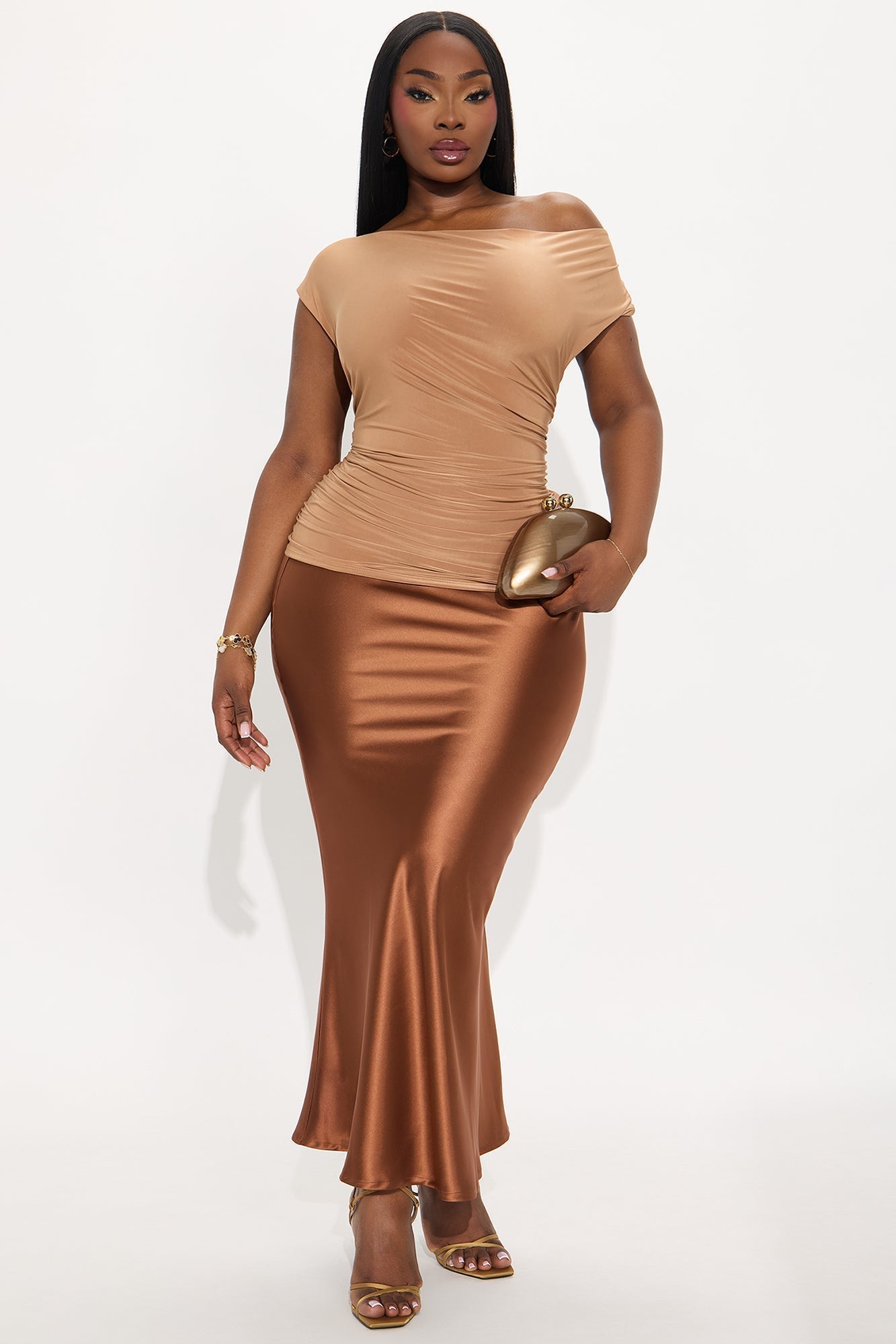 Ezra Ruched Off Shoulder Top - Mocha