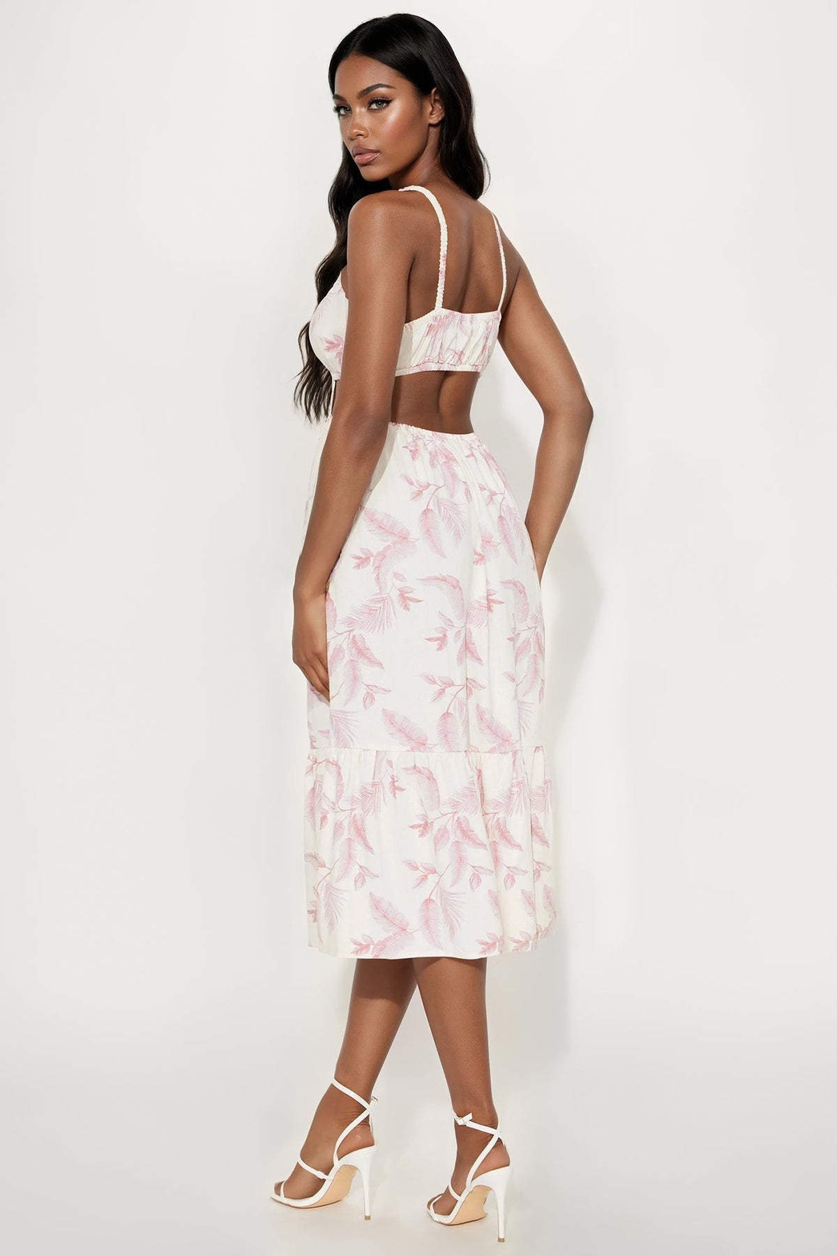 Jayda Pleated Floral Midi Dress - White/Pink