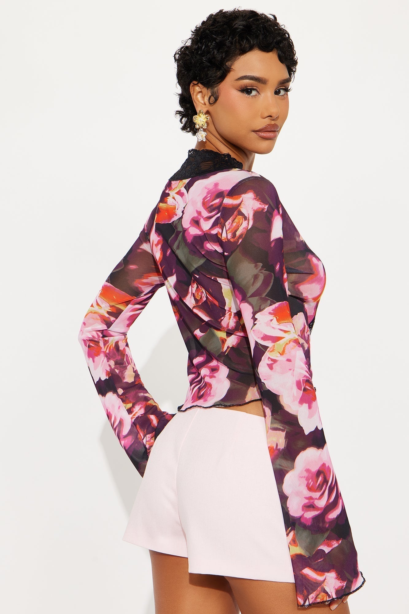 Francesca Floral Long Sleeve Mesh Top - Pink/combo