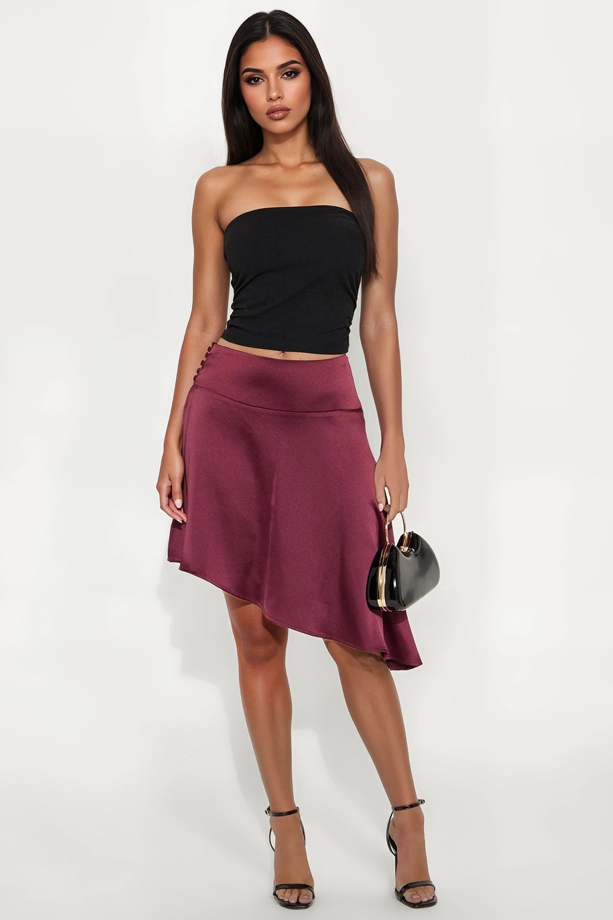 Camille Asymmetrical Satin Midi Skirt - Burgundy