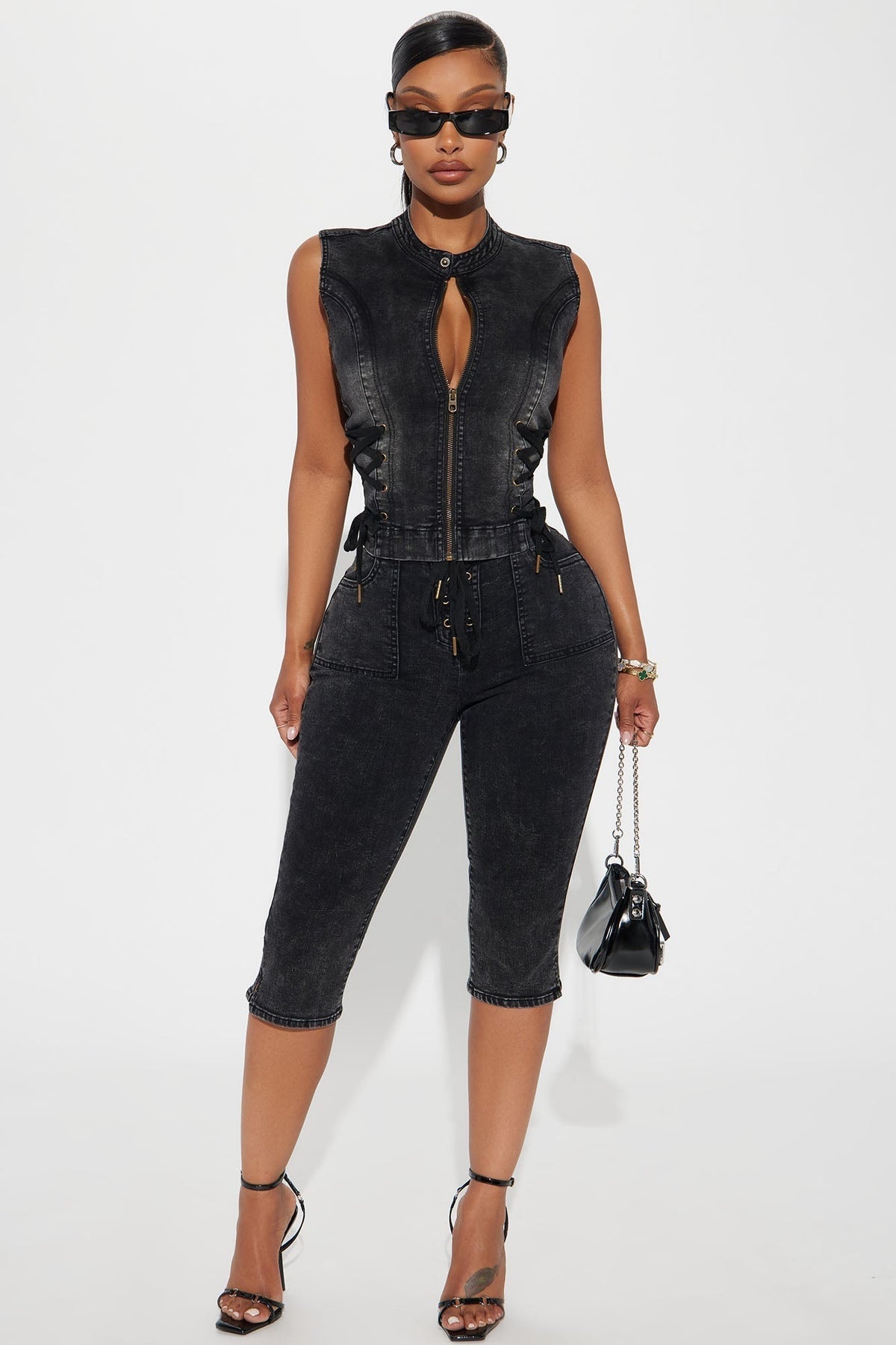 Leveled Up Lace Up Stretch Denim Capris - Black Wash