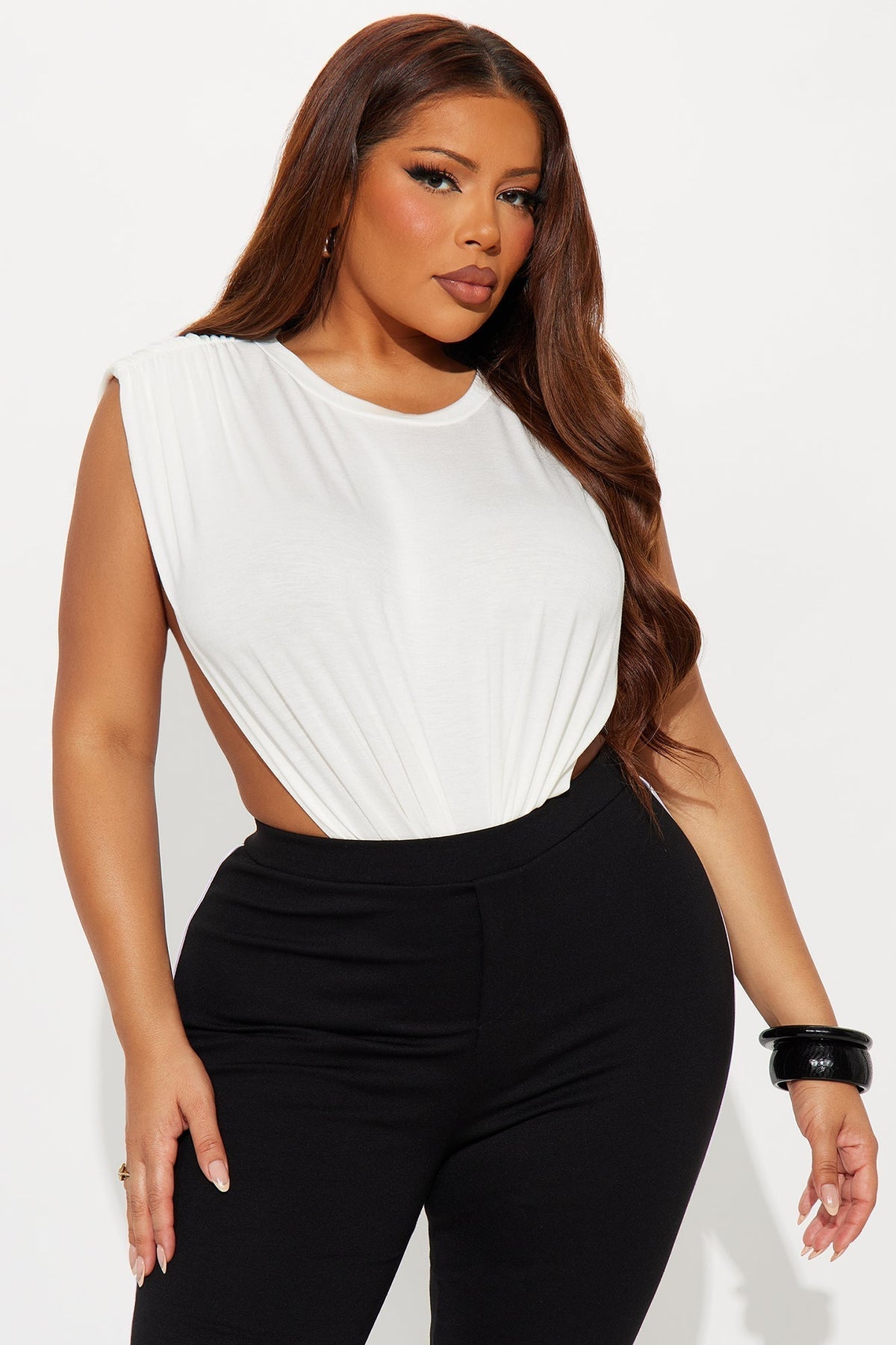 Open Concept Ruched Sleeveless Bodysuit - Off White