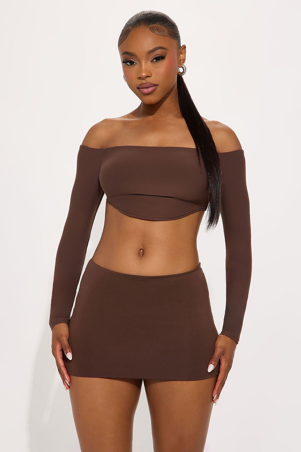 Second Skin Off Shoulder Cropped Top - Chocolate