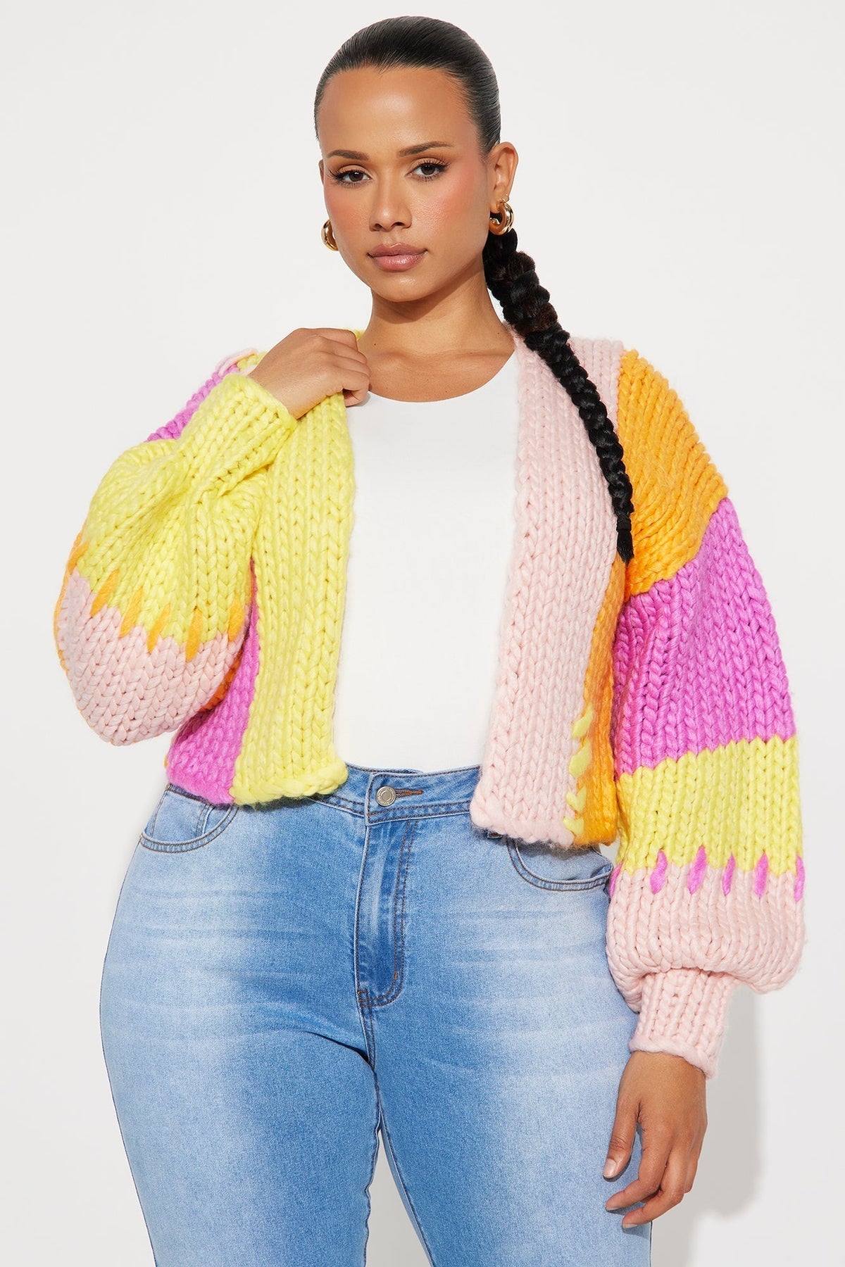 Camille Chunky Knit Color Block Cropped Cardigan - Pink/combo