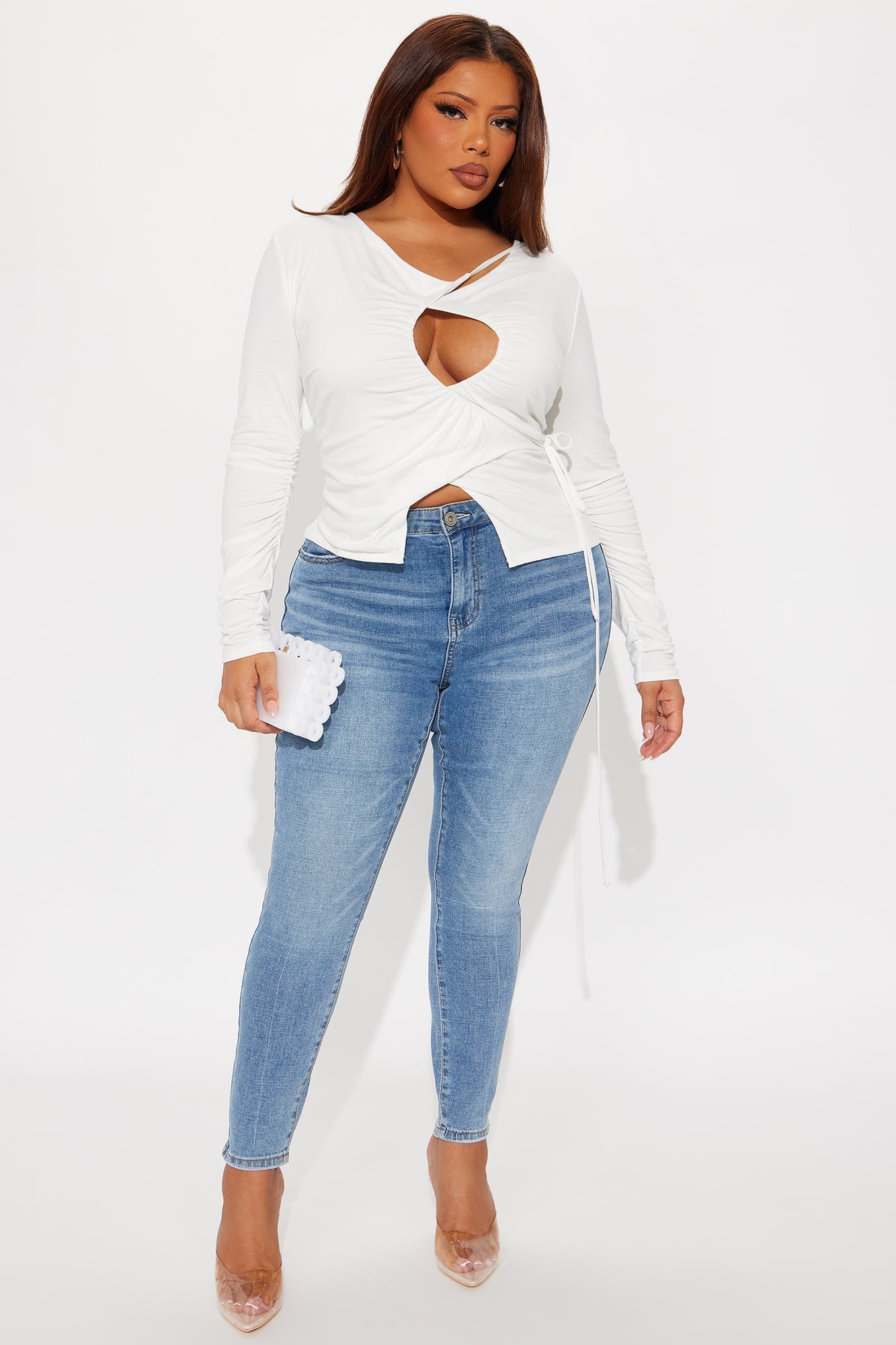 Never Abandoned Ruched Long Sleeve Cut Out Top - Ivory