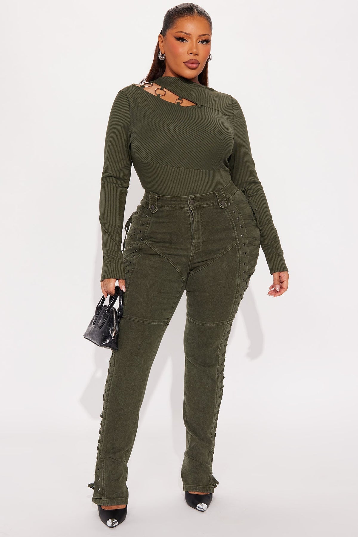 Chelsea Cut Out Ribbed Bodysuit - Olive
