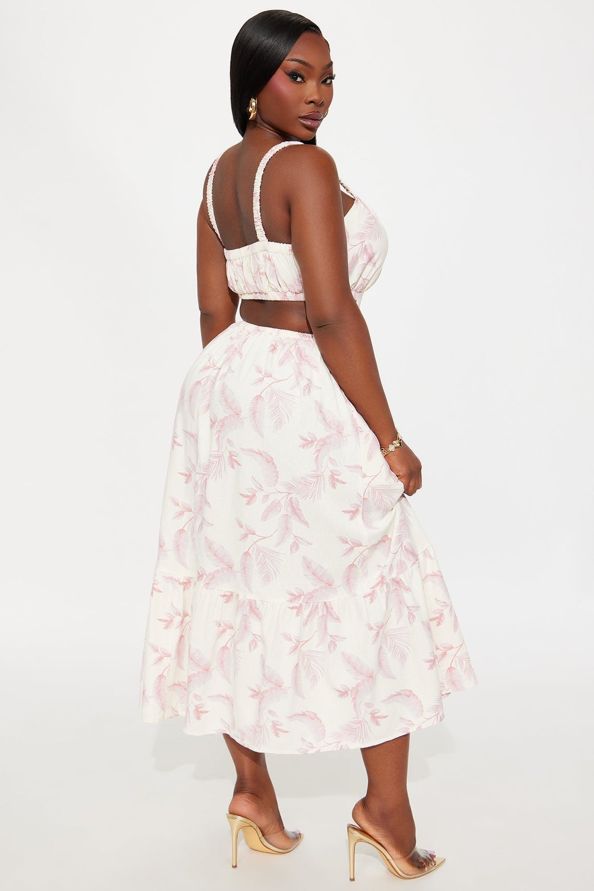 Jayda Pleated Floral Midi Dress - White/Pink