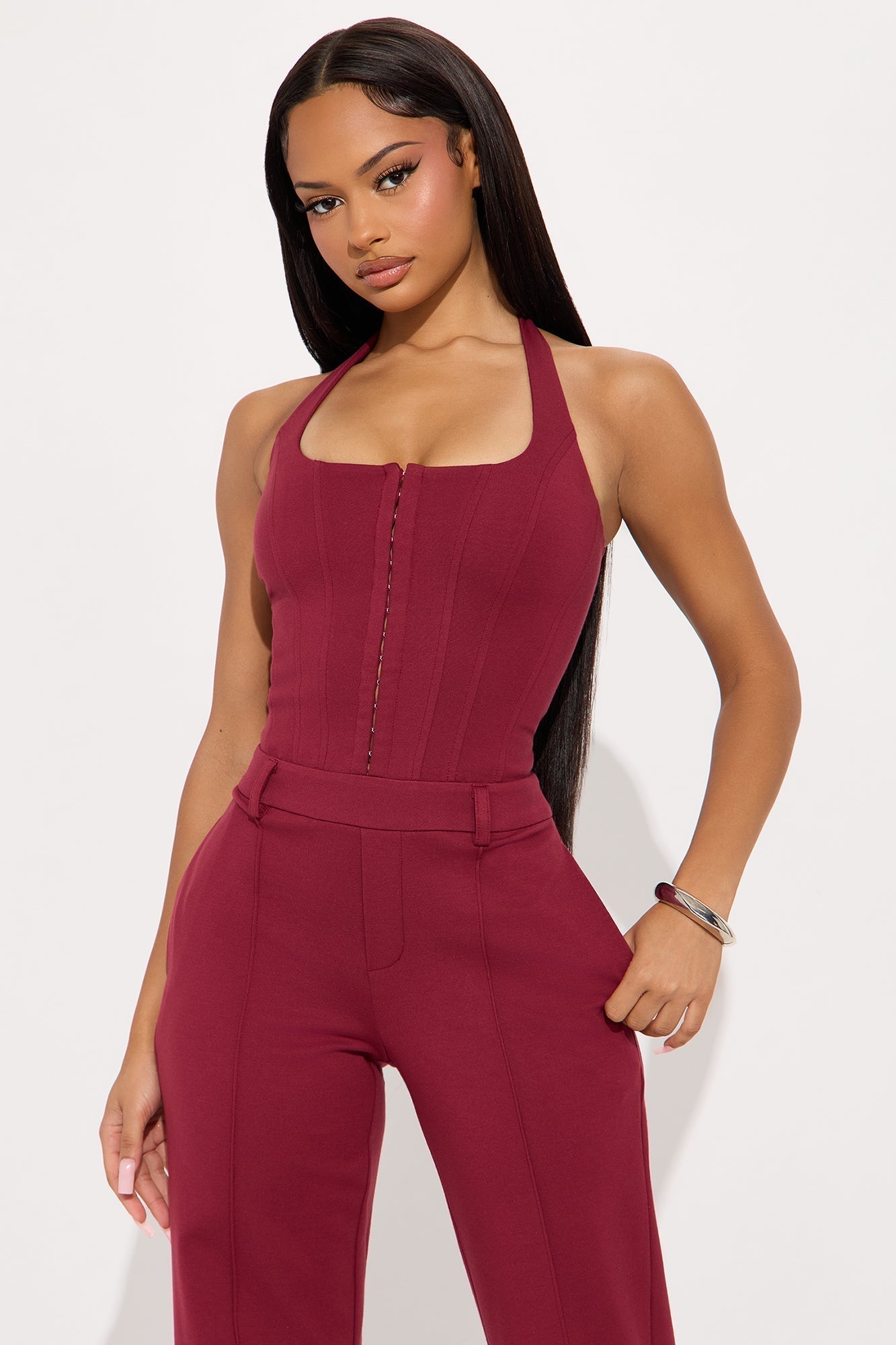 In Command Ponte Halter Wide Leg Jumpsuit - Burgundy