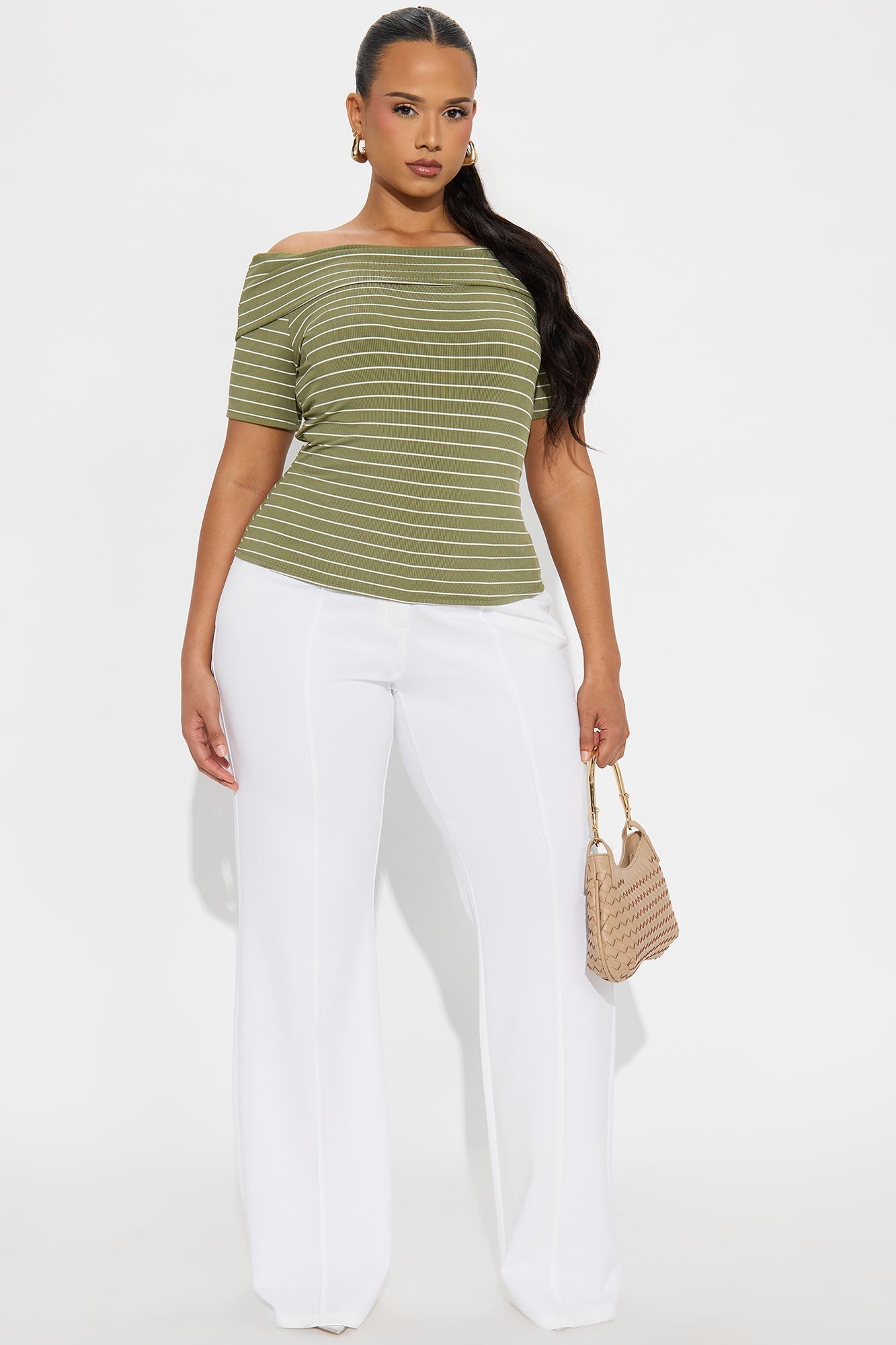 Cinnamon Off Shoulder Ribbed Top - Olive/combo