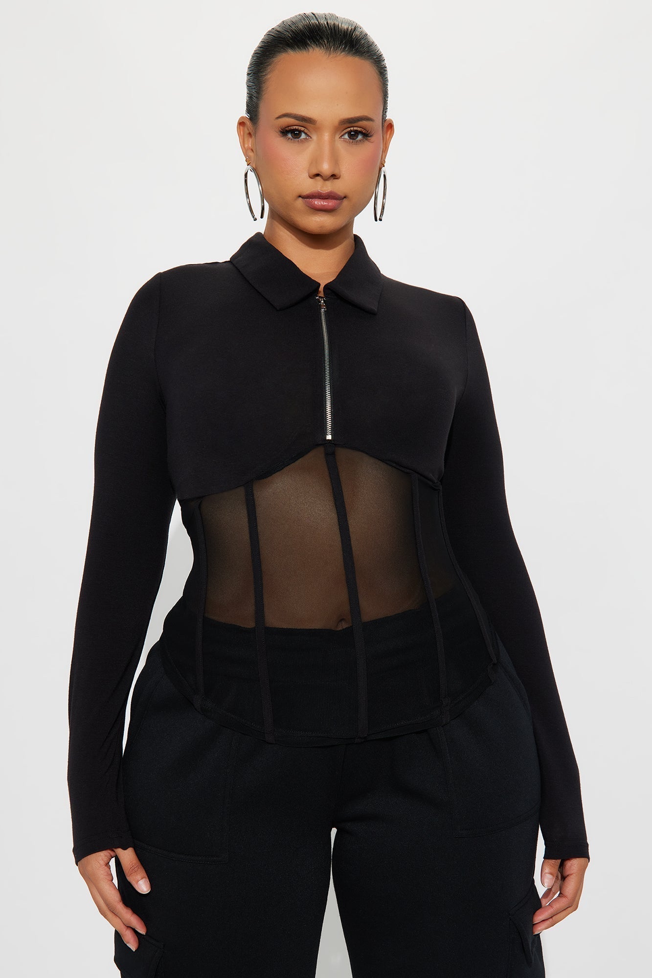 Nessie Long Sleeve Collared Corset Top - Black