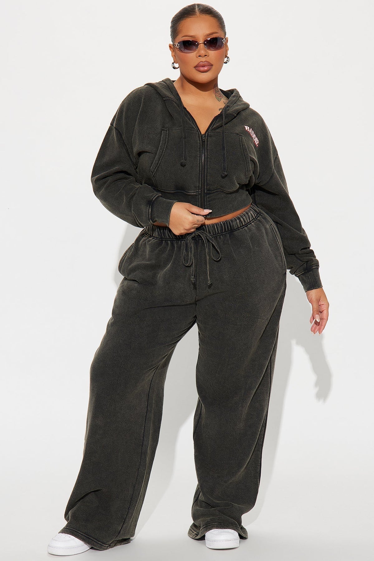 Baddie Washed Front Zip Hoodie - Black Wash