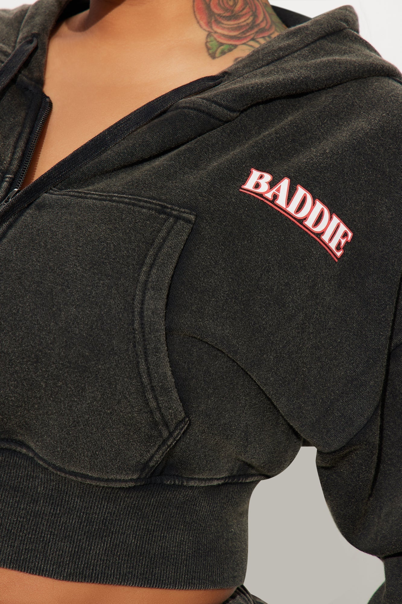 Baddie Washed Front Zip Hoodie - Black Wash
