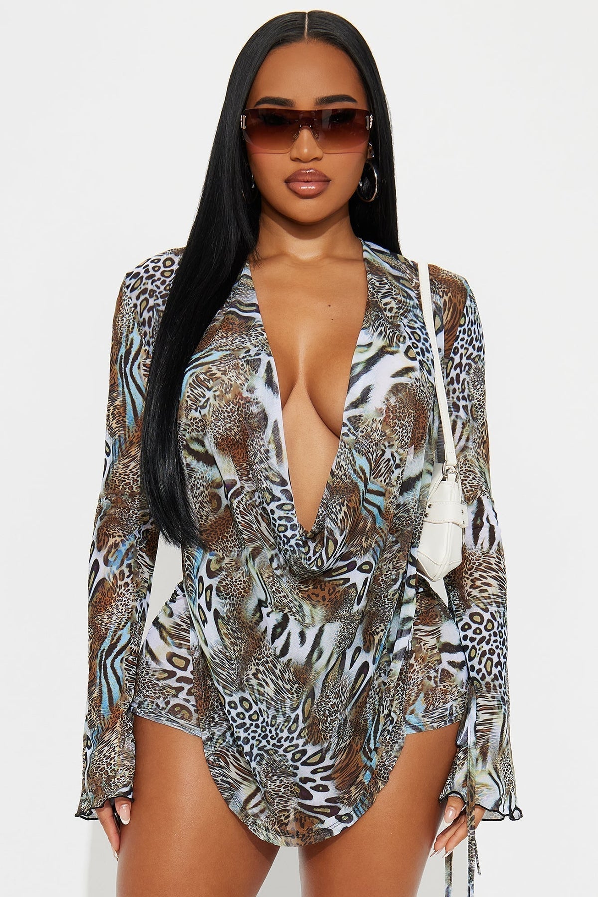 Summer Muse Cowl Neck Mesh Cover Up Micro Shorts Set - Tan/Multi
