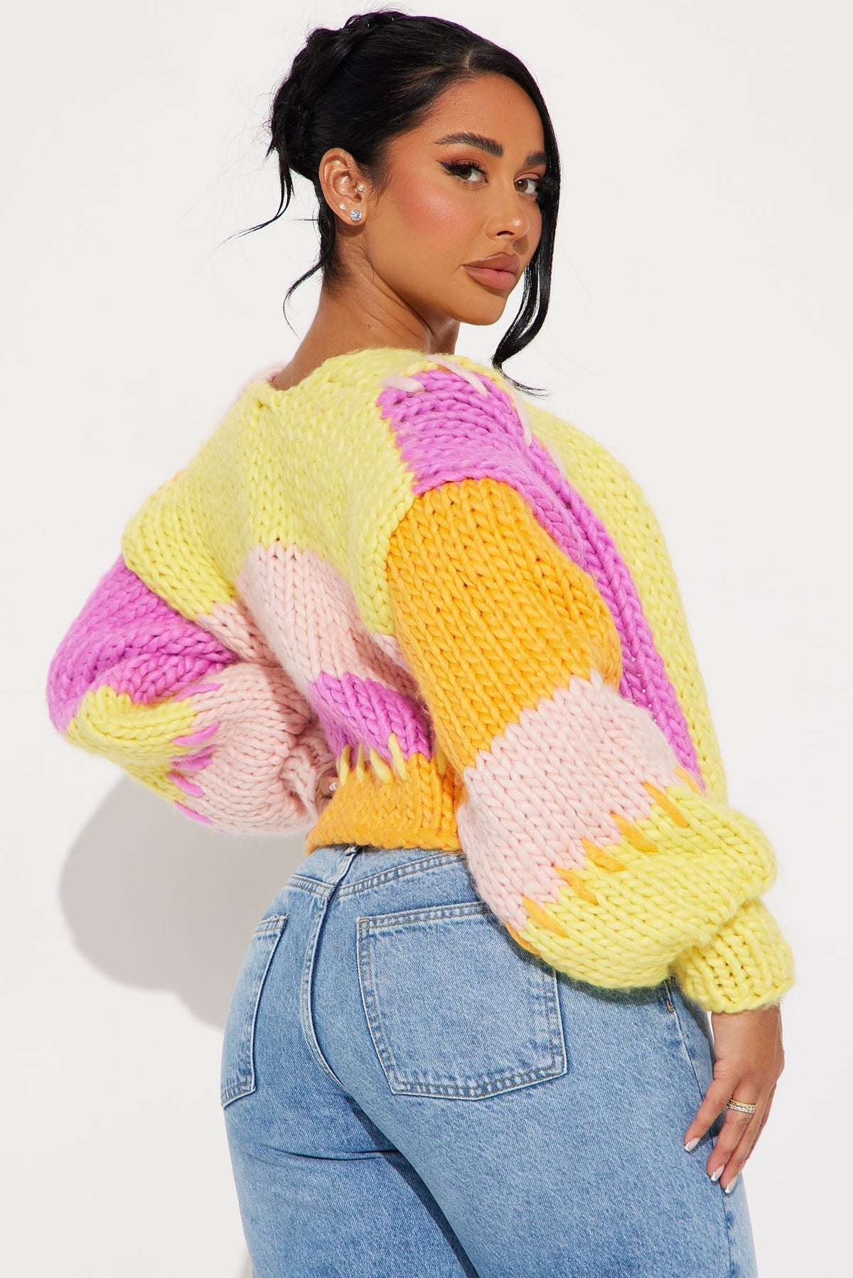 Camille Chunky Knit Color Block Cropped Cardigan - Pink/combo