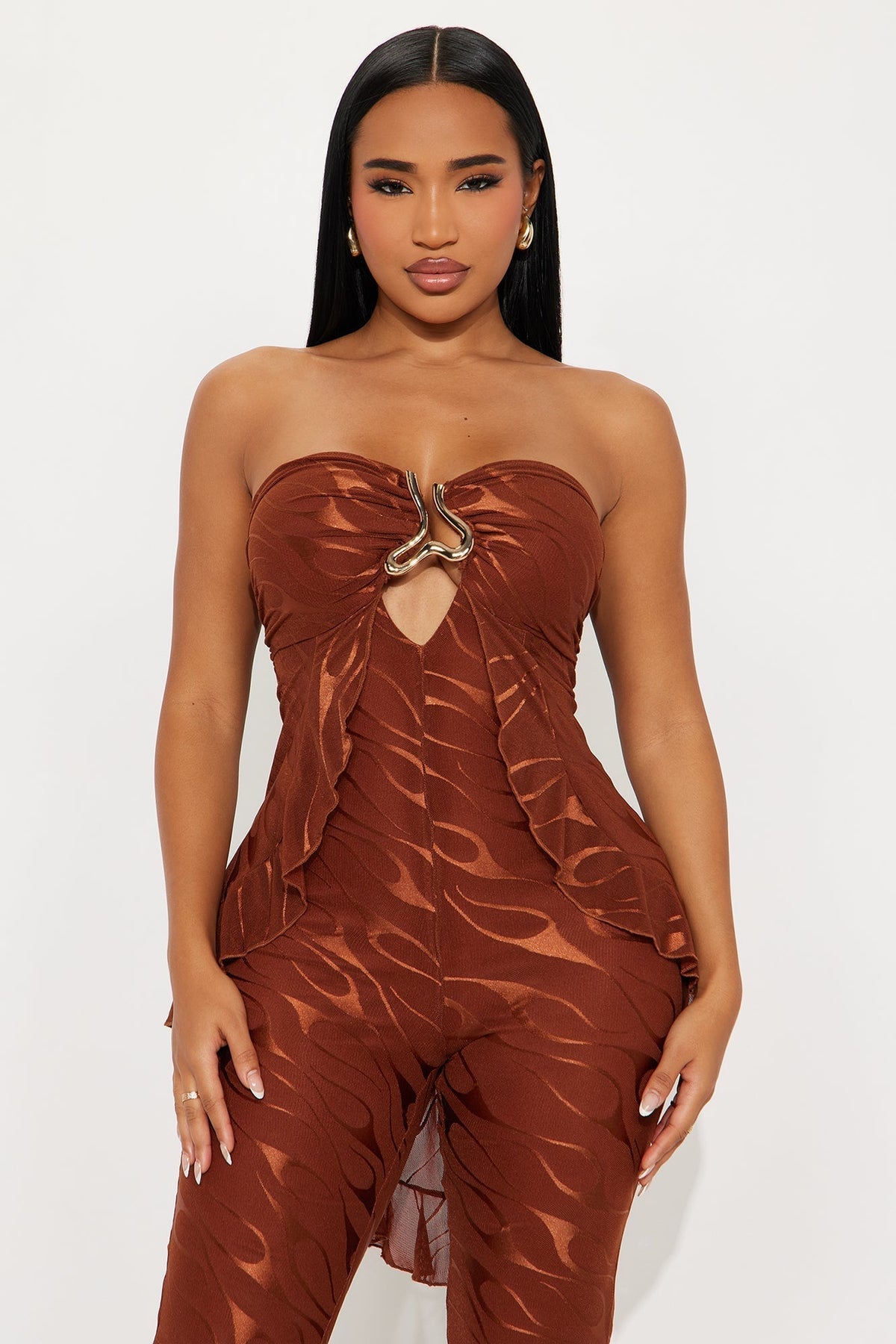 Weekend Glow Mesh Strapless Jumpsuit - Rust