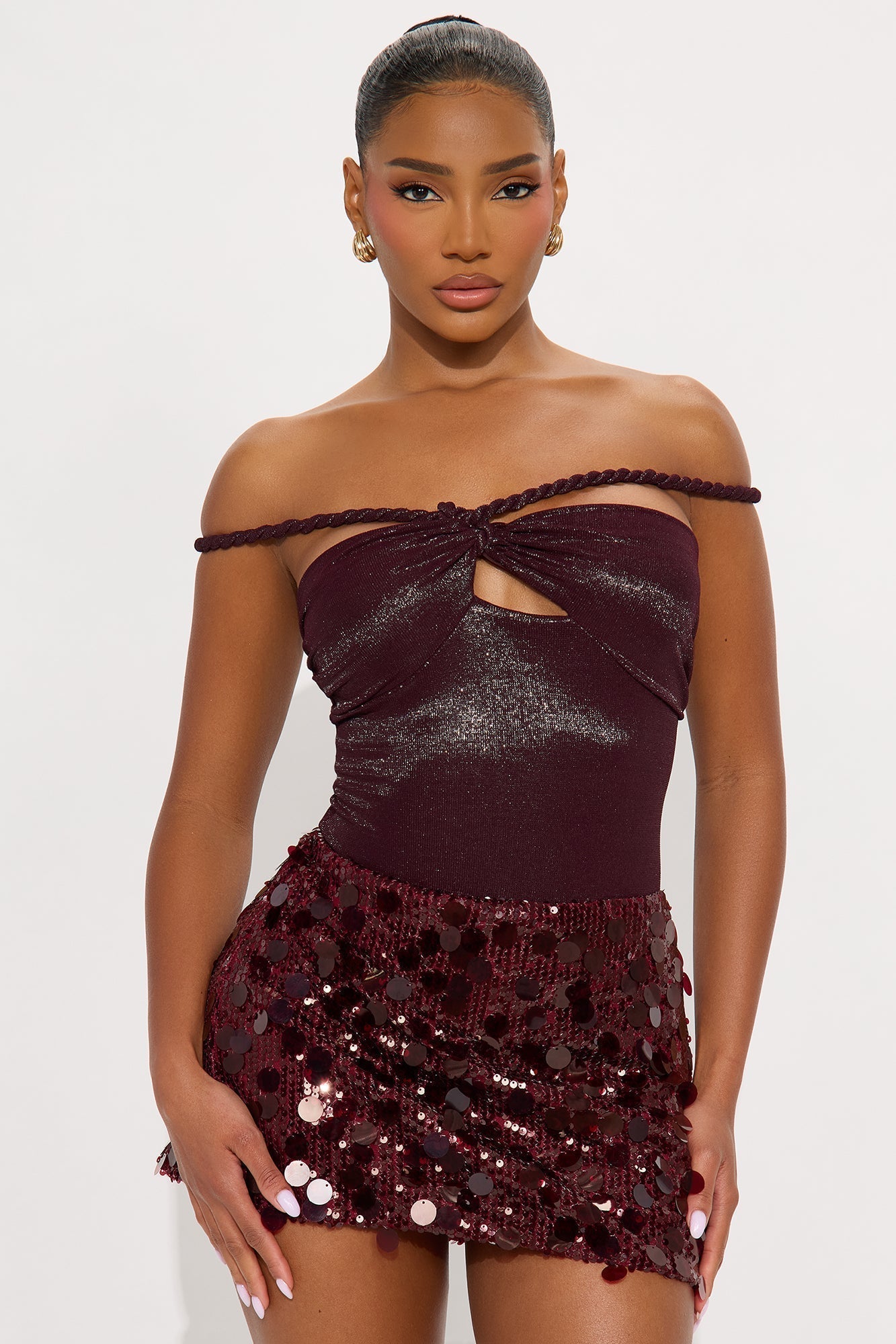 Miriam Twist Strap Off Shoulder Bodysuit - Burgundy