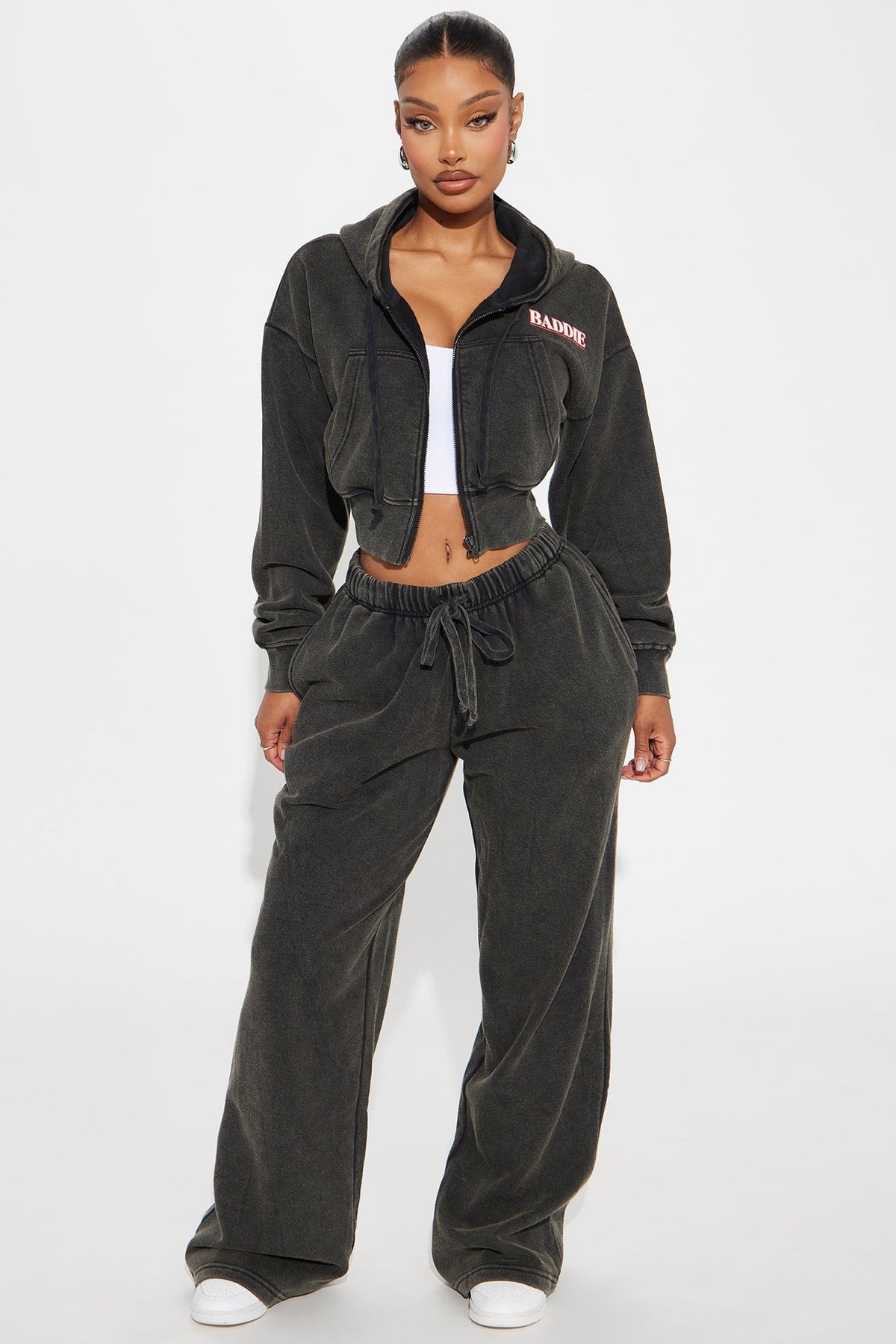 Baddie Washed Front Zip Hoodie - Black Wash