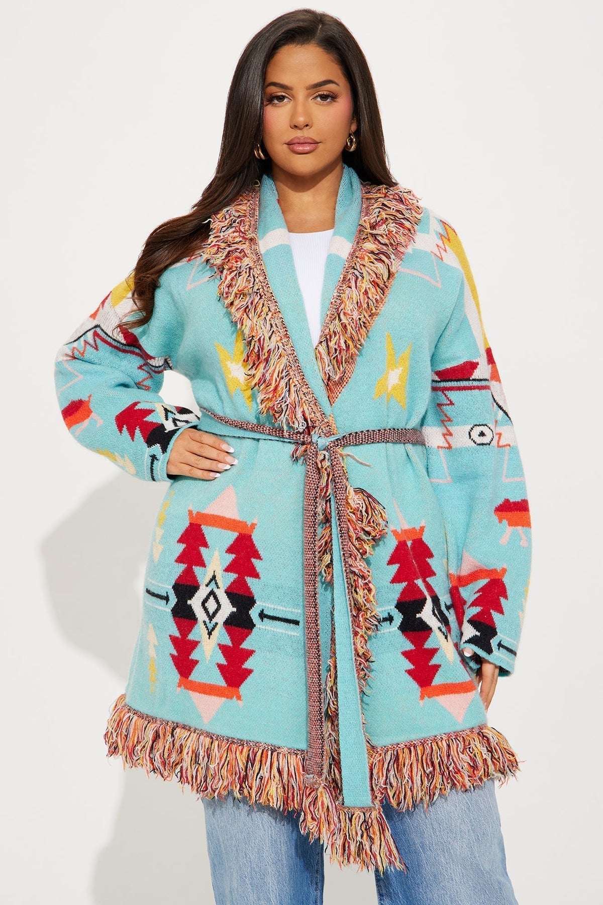 Western Day Fringe Cardigan - Blue/combo