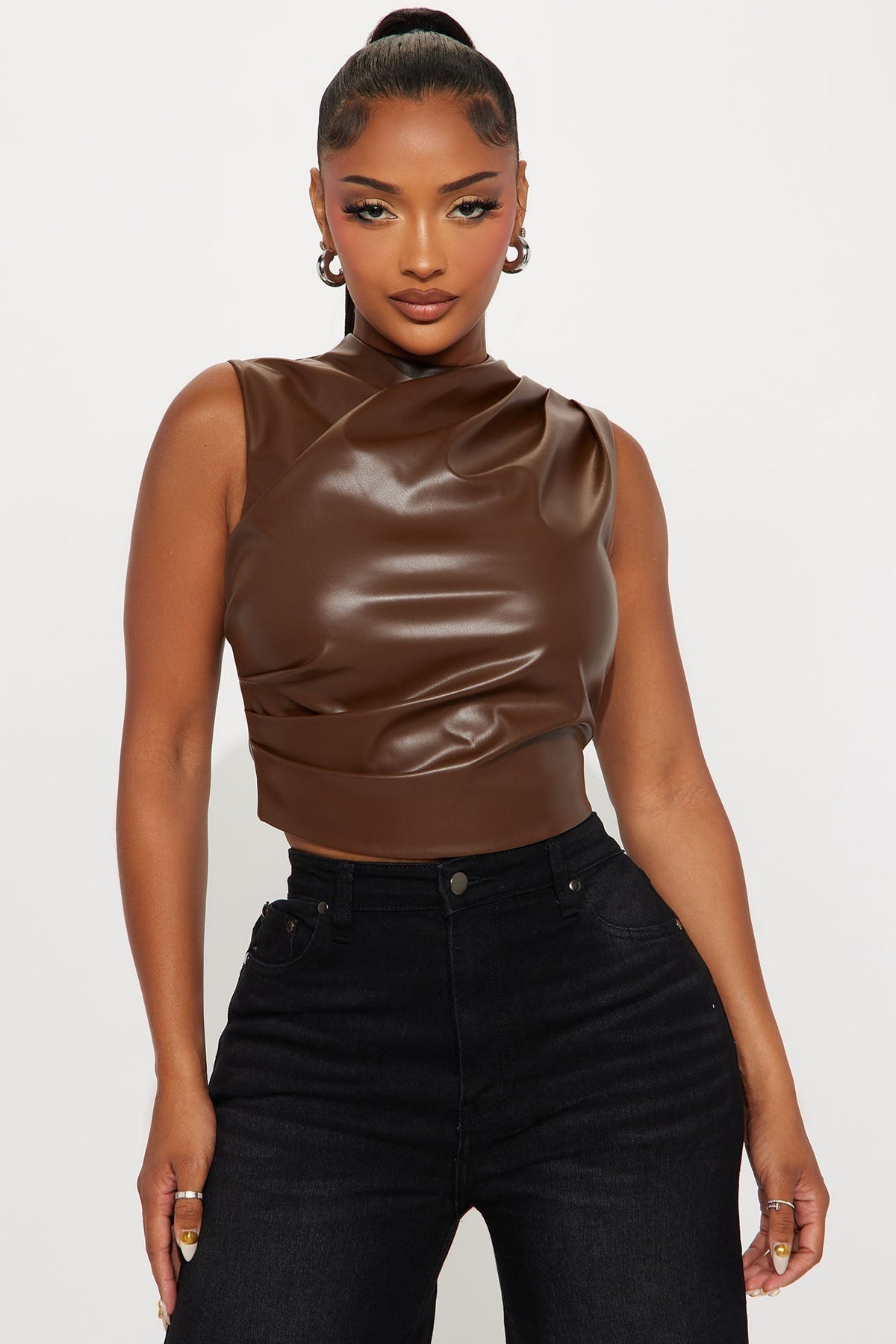 Fall Out Faux Leather Top - Brown