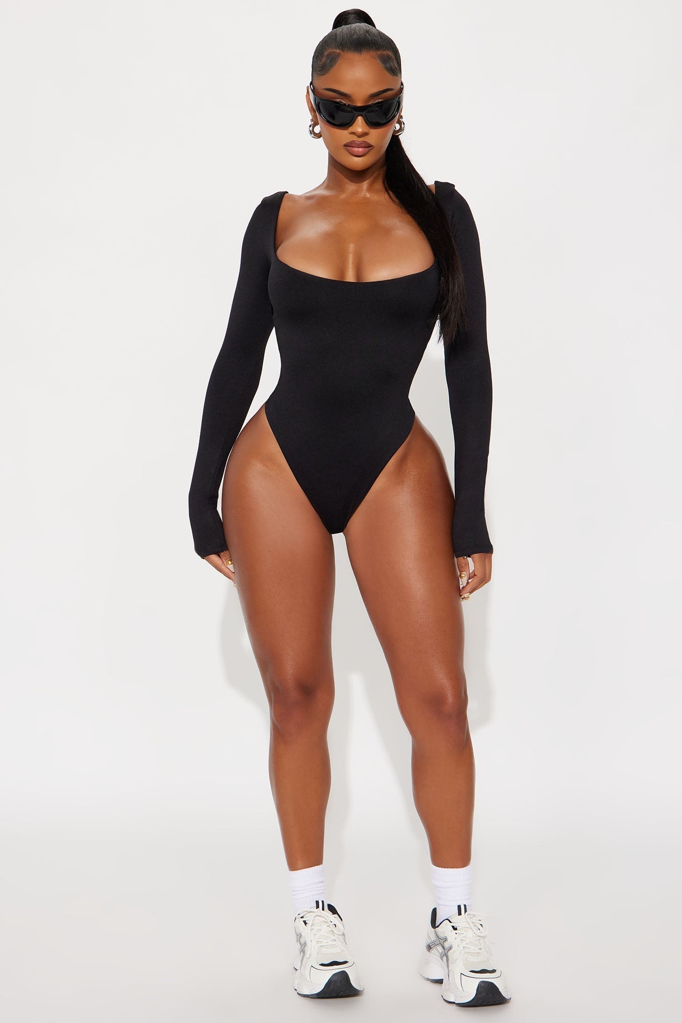 Contour Double Lined Long Sleeve Wide Scoop Neck Bodysuit - Black