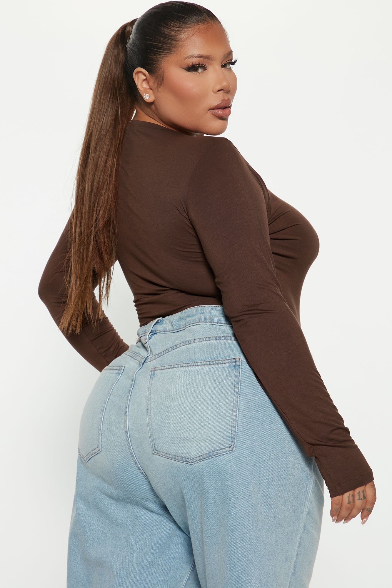 Krystal Crew Neck Long Sleeve Bodysuit - Chocolate