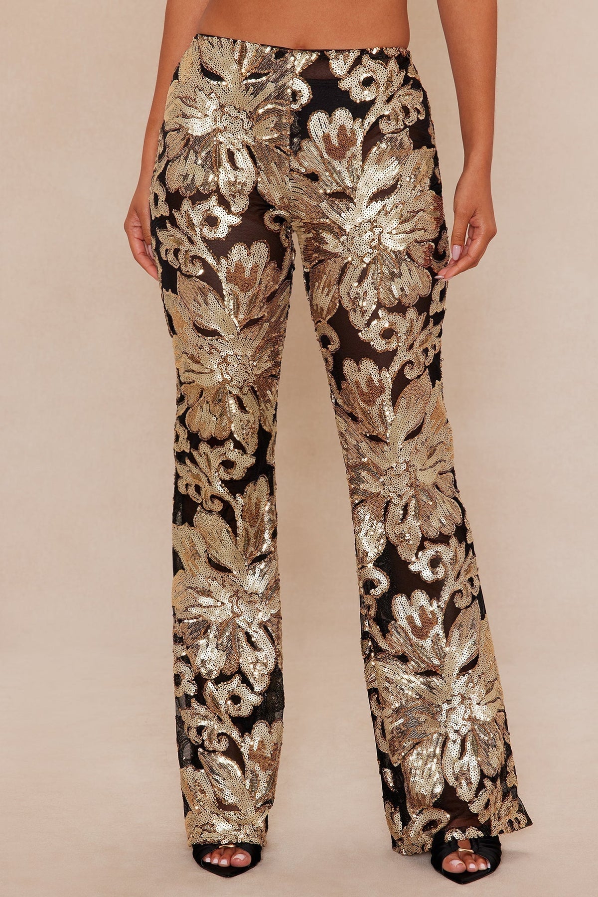 Miranda Sequin Flare Pant - Black/Gold