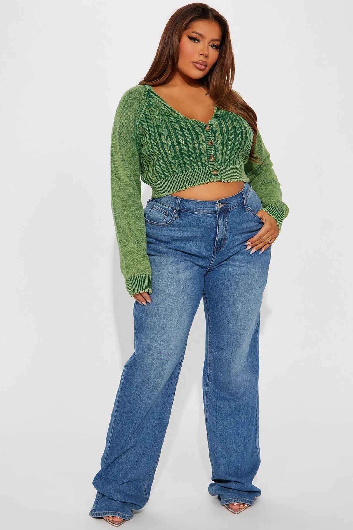 Street Looks Washed Cropped Cardigan - Green