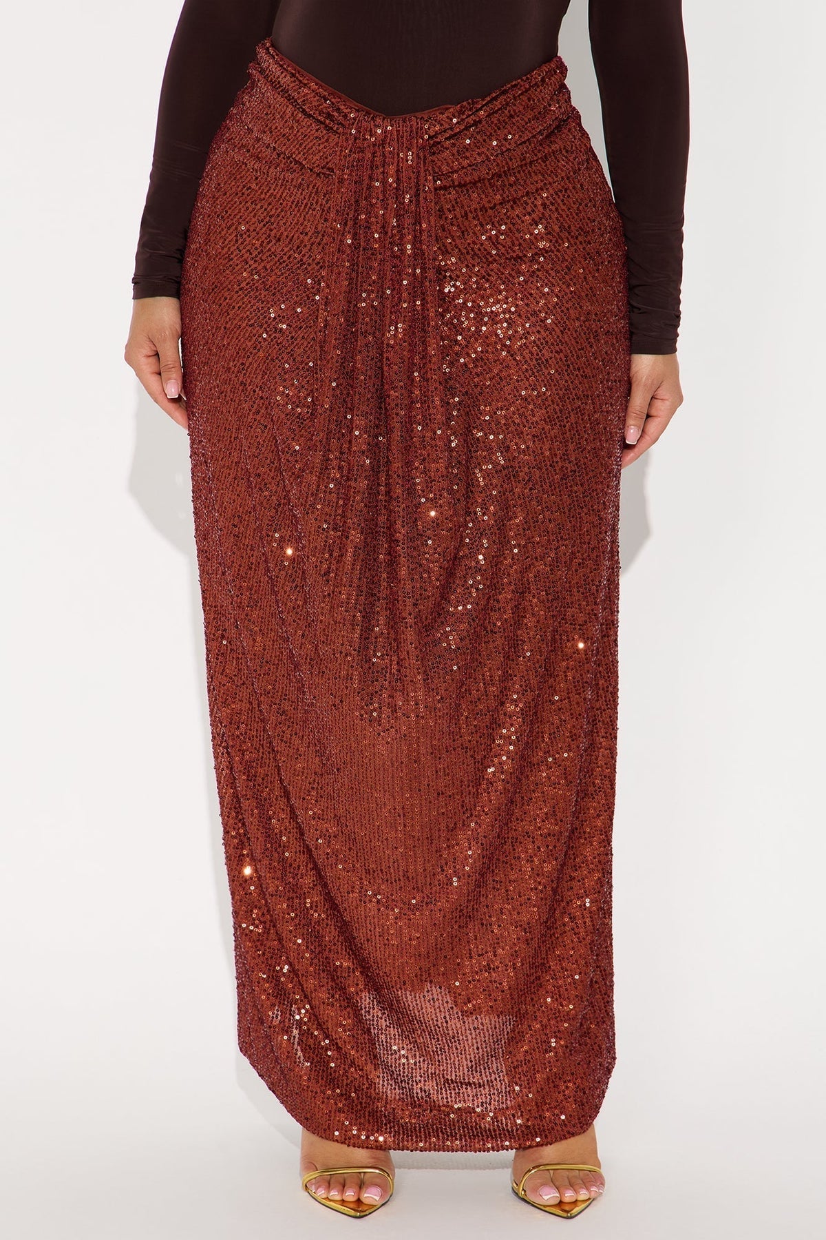 Party Time Sequin Drape Maxi Skirt - Rust