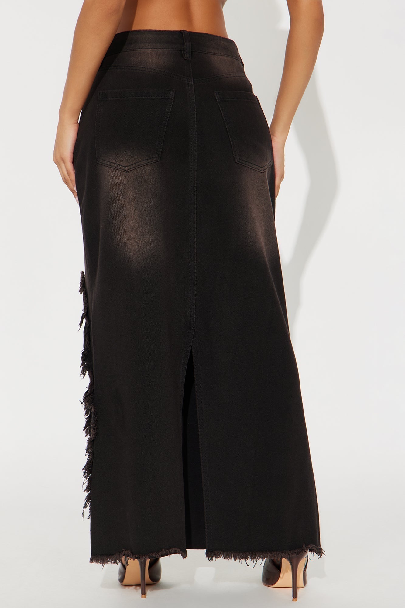 Out Past Curfew Washed Denim Maxi Skirt - Black Wash