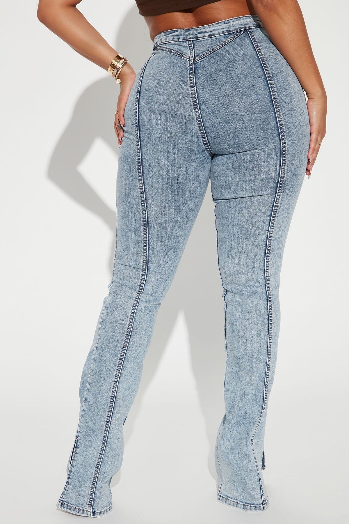 Side Slit Stretch Slim Bootcut Jeans - Acid Wash Denim