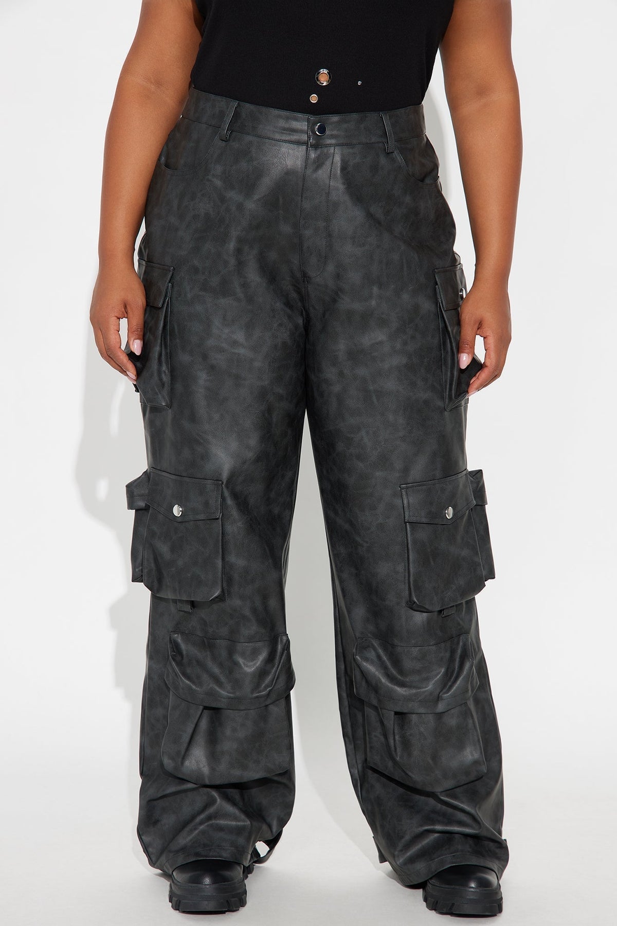 Weekend Warrior Washed Faux Leather Cargo Pant - Black Wash