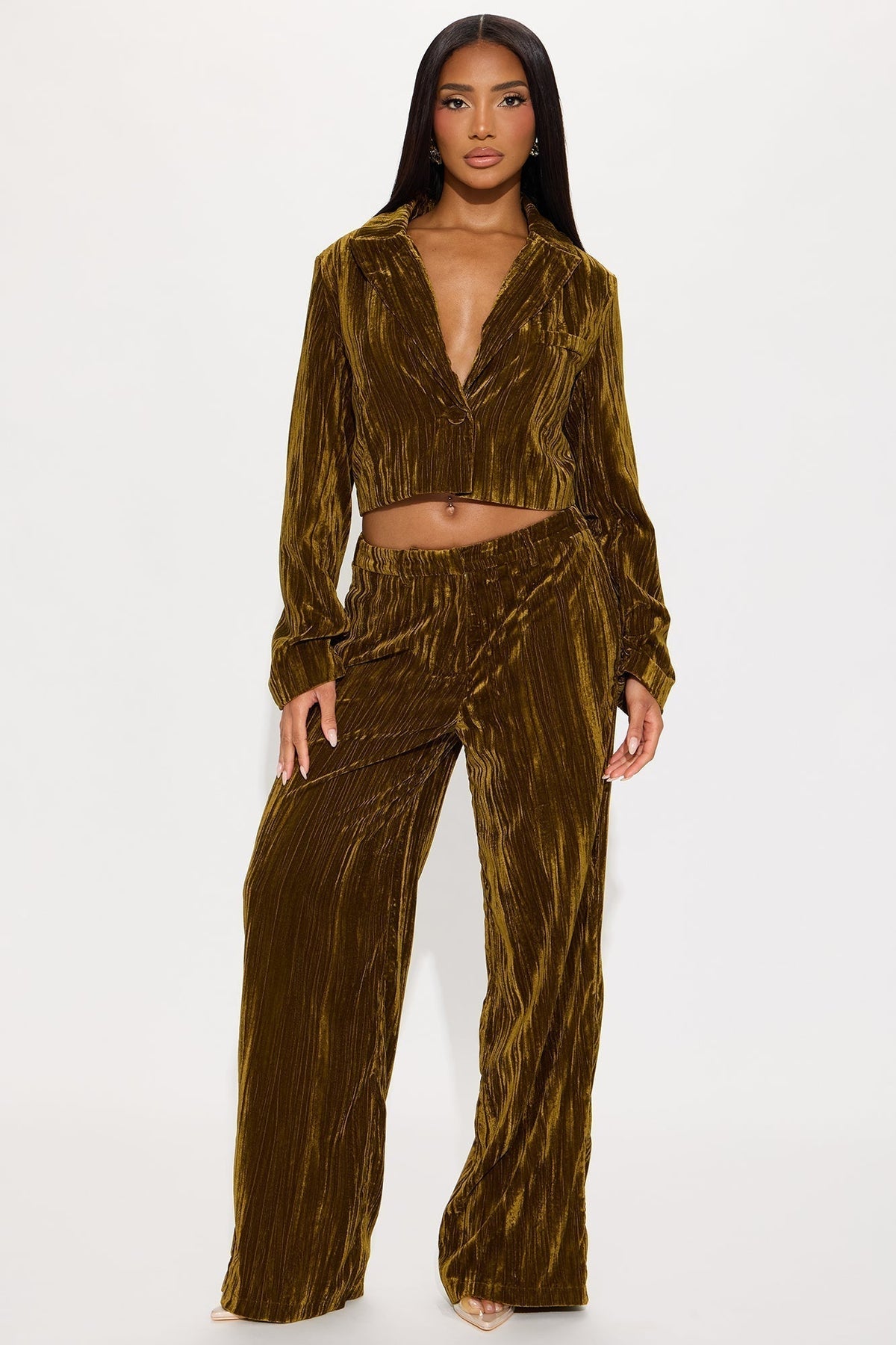Keep You Wondering Velvet Wide Leg Pant 32 - Olive