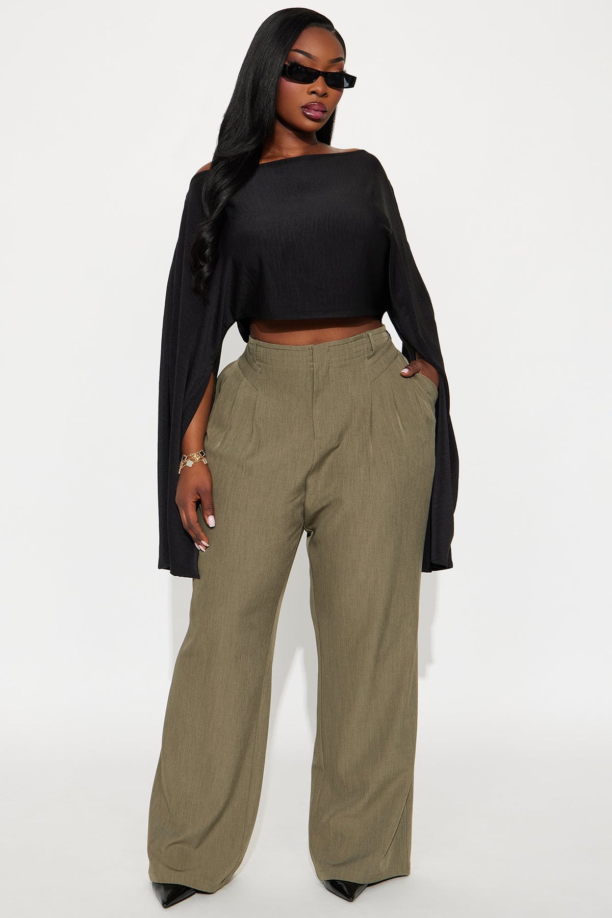 Business Plan Pleated Wide Leg Trouser Pant 32″ - Olive
