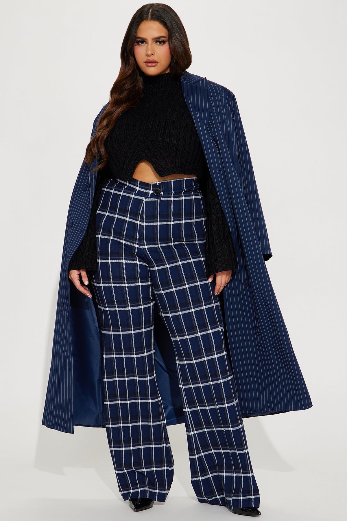 Call It Even Wide Leg Plaid Dress Pant - Navy/combo