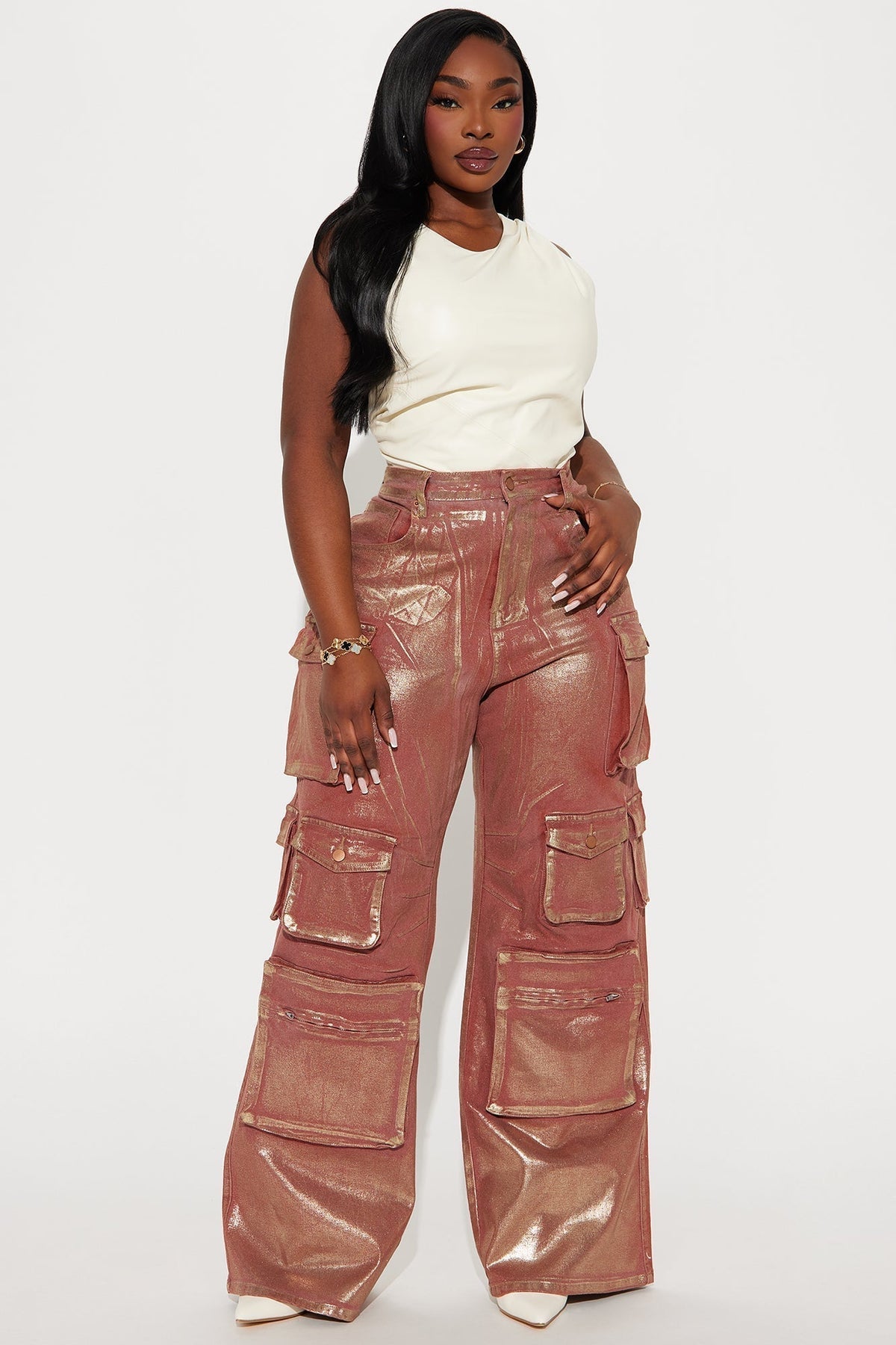 Time To Shine Foil Baggy Cargo Jeans - Burgundy