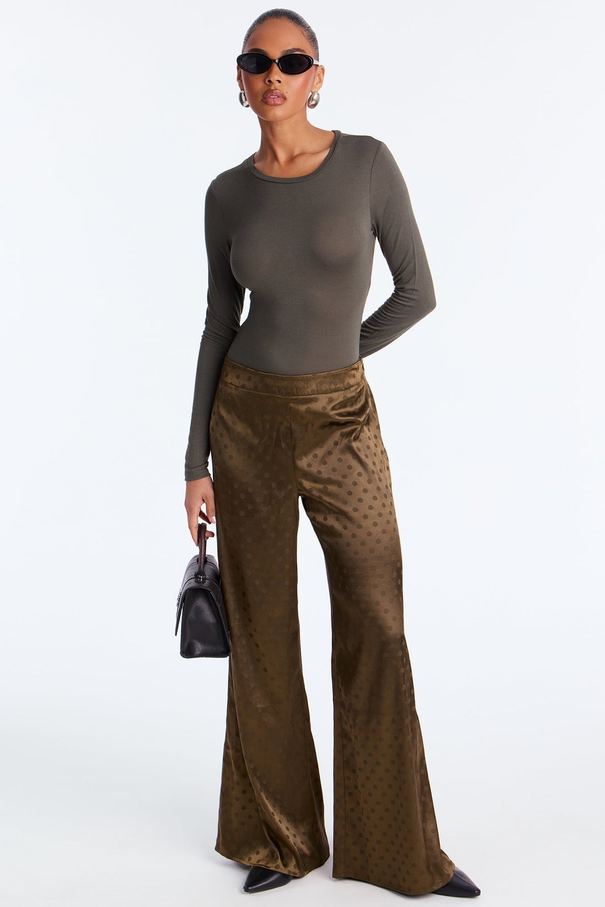 Amal Polka Dot Wide Leg Satin Pant 32″ - Olive
