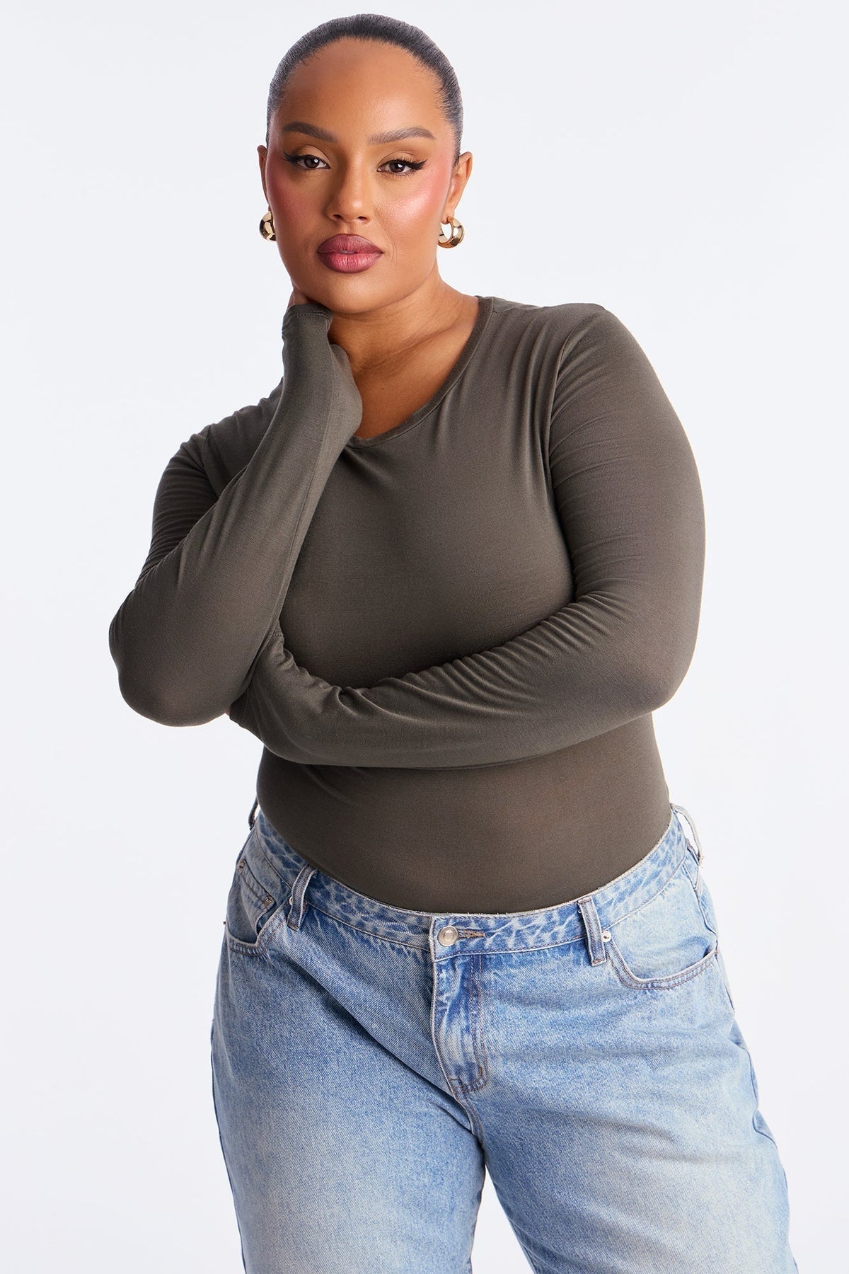 Krystal Crew Neck Long Sleeve Bodysuit - Olive