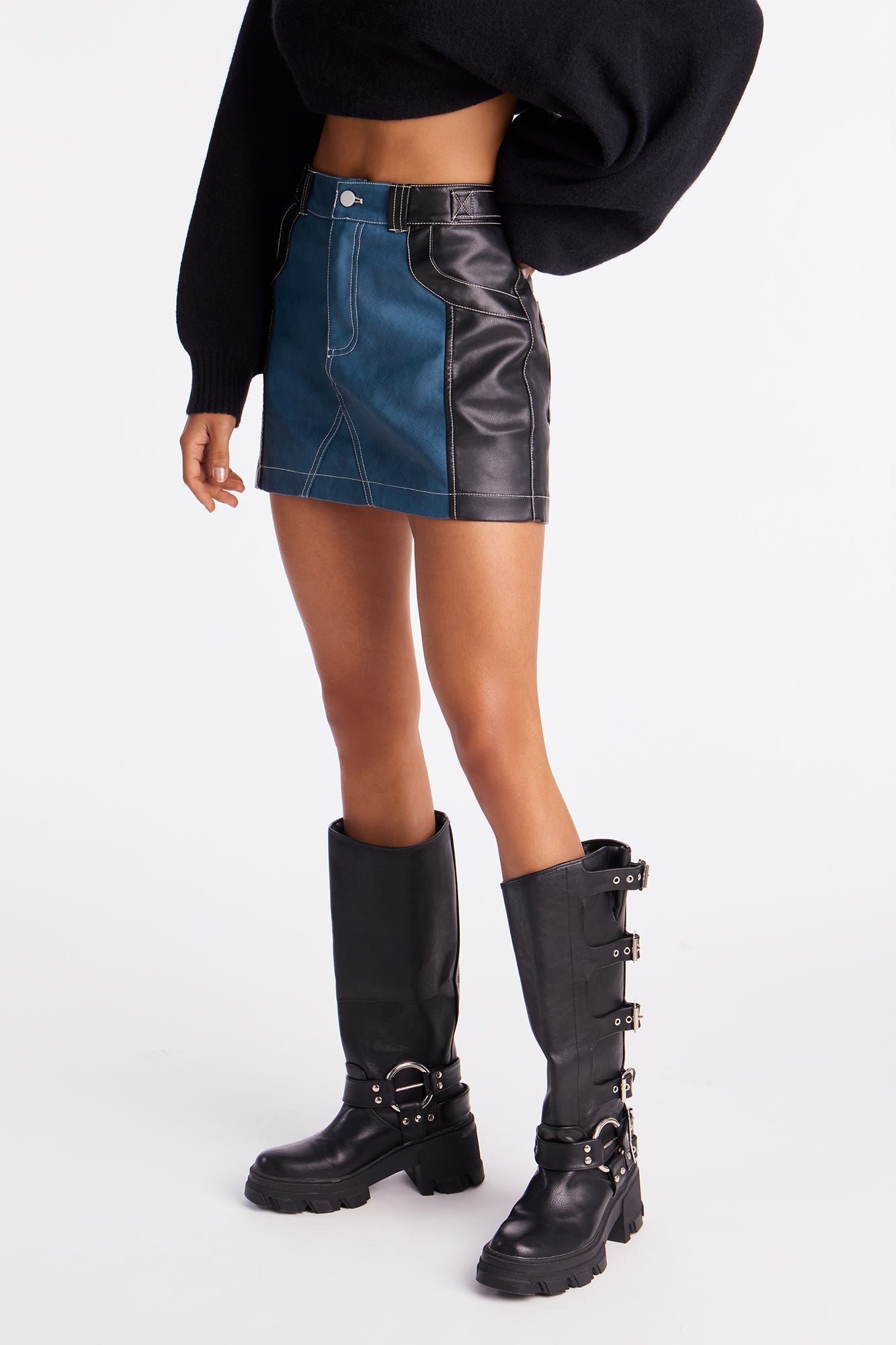 Mix It Up Denim Faux Leather Mini Skirt - Dark Wash