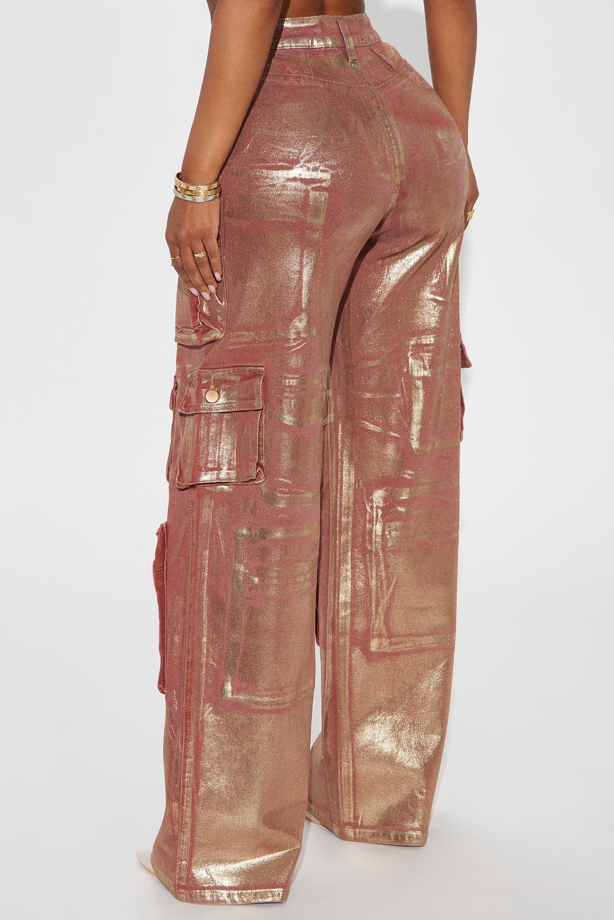 Time To Shine Foil Baggy Cargo Jeans - Burgundy