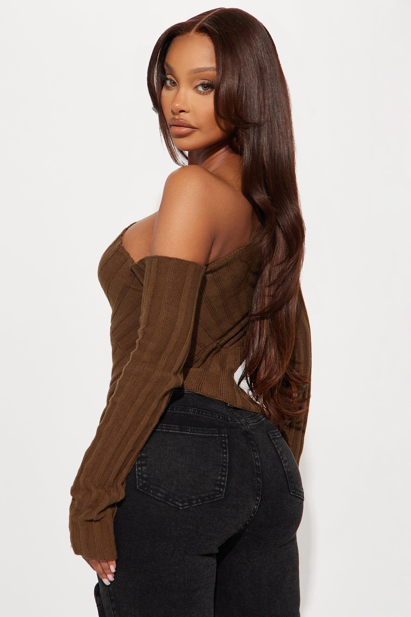 Amaya One Shoulder Long Sleeve Sweater Top - Chocolate