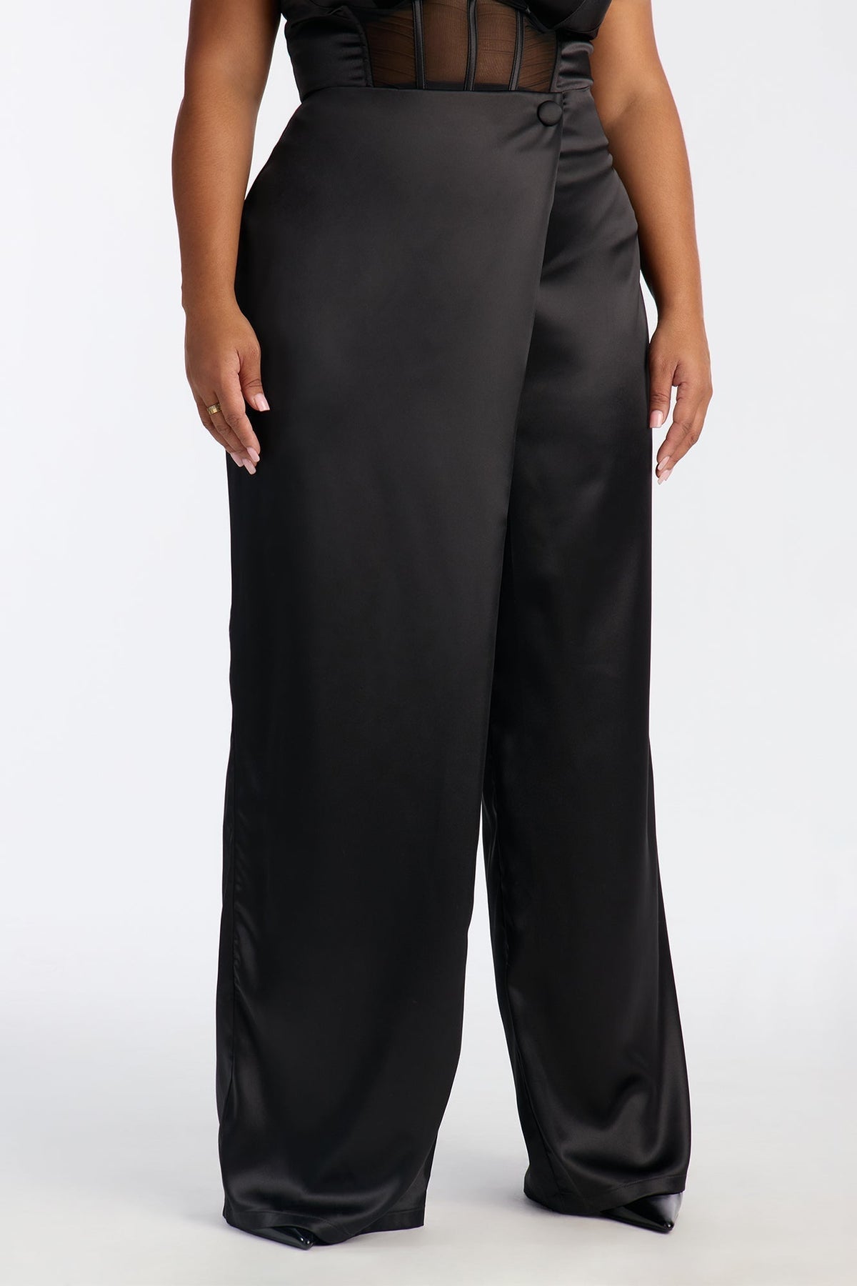 Athena Satin Wrap Wide Leg Pant 32″ - Black