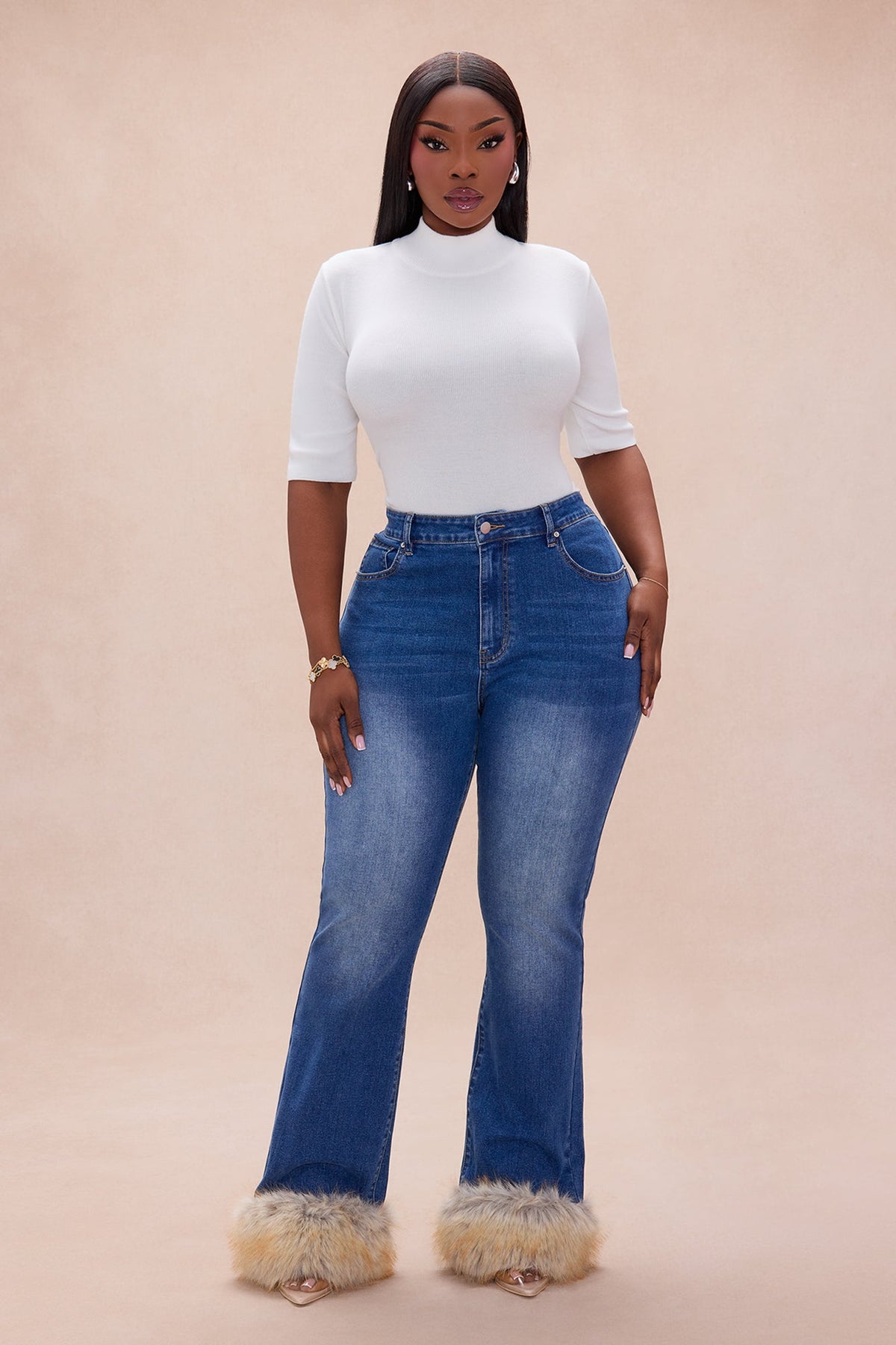 Raven Faux Fur Cuff Jeans - Denim
