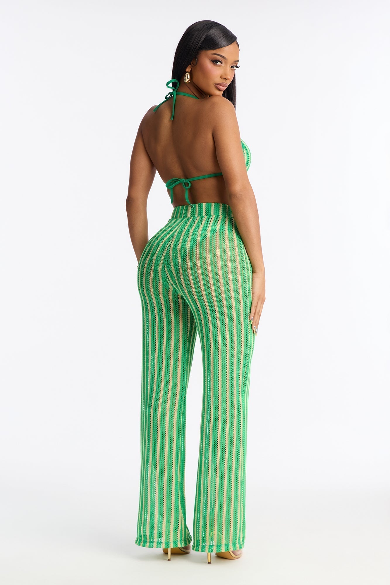 Callie Crochet 3 Piece Bikini & Pants Set - Green/combo