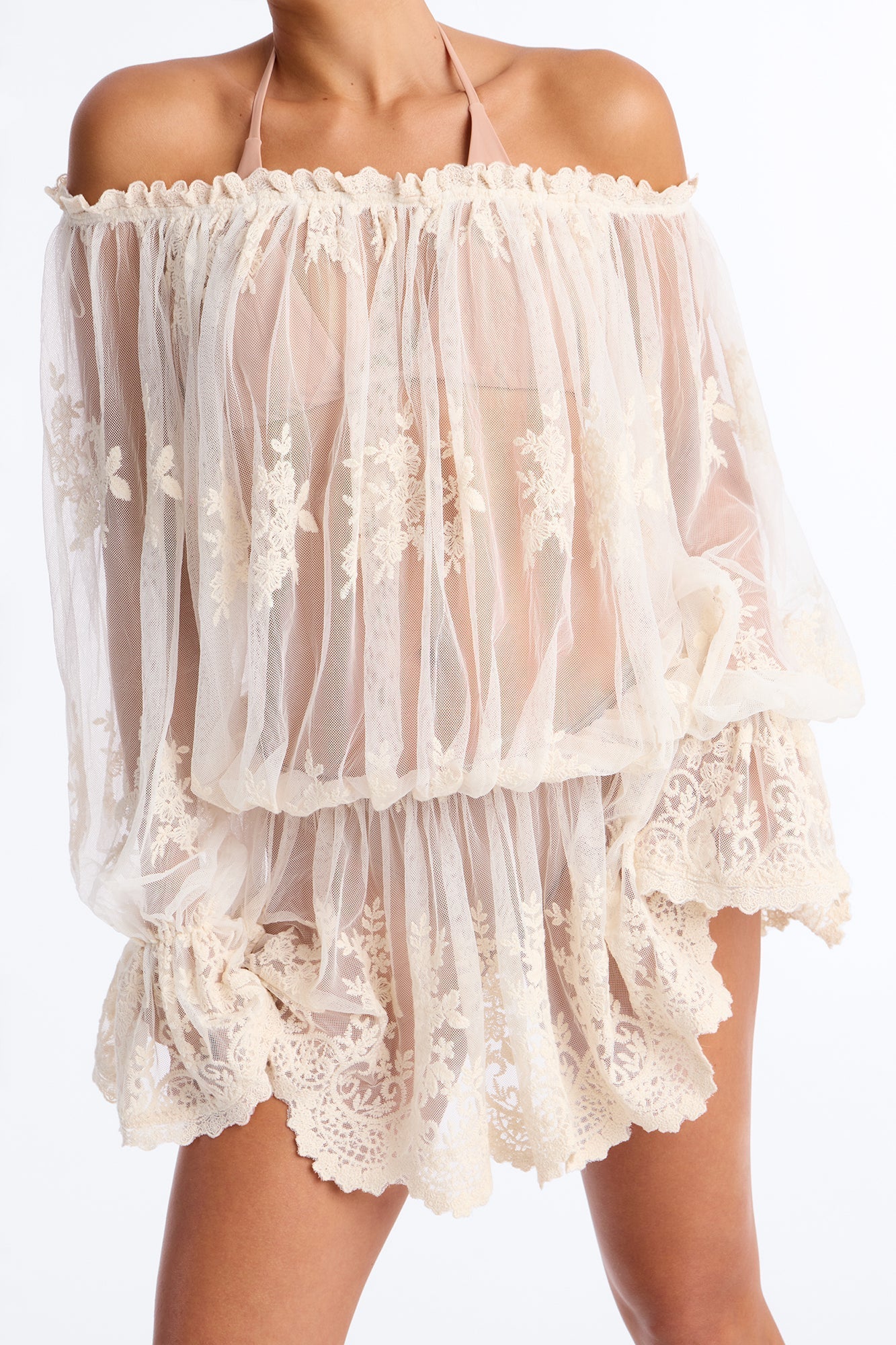 Blossom Mesh Embroidery Long Sleeve Mini Dress - Cream