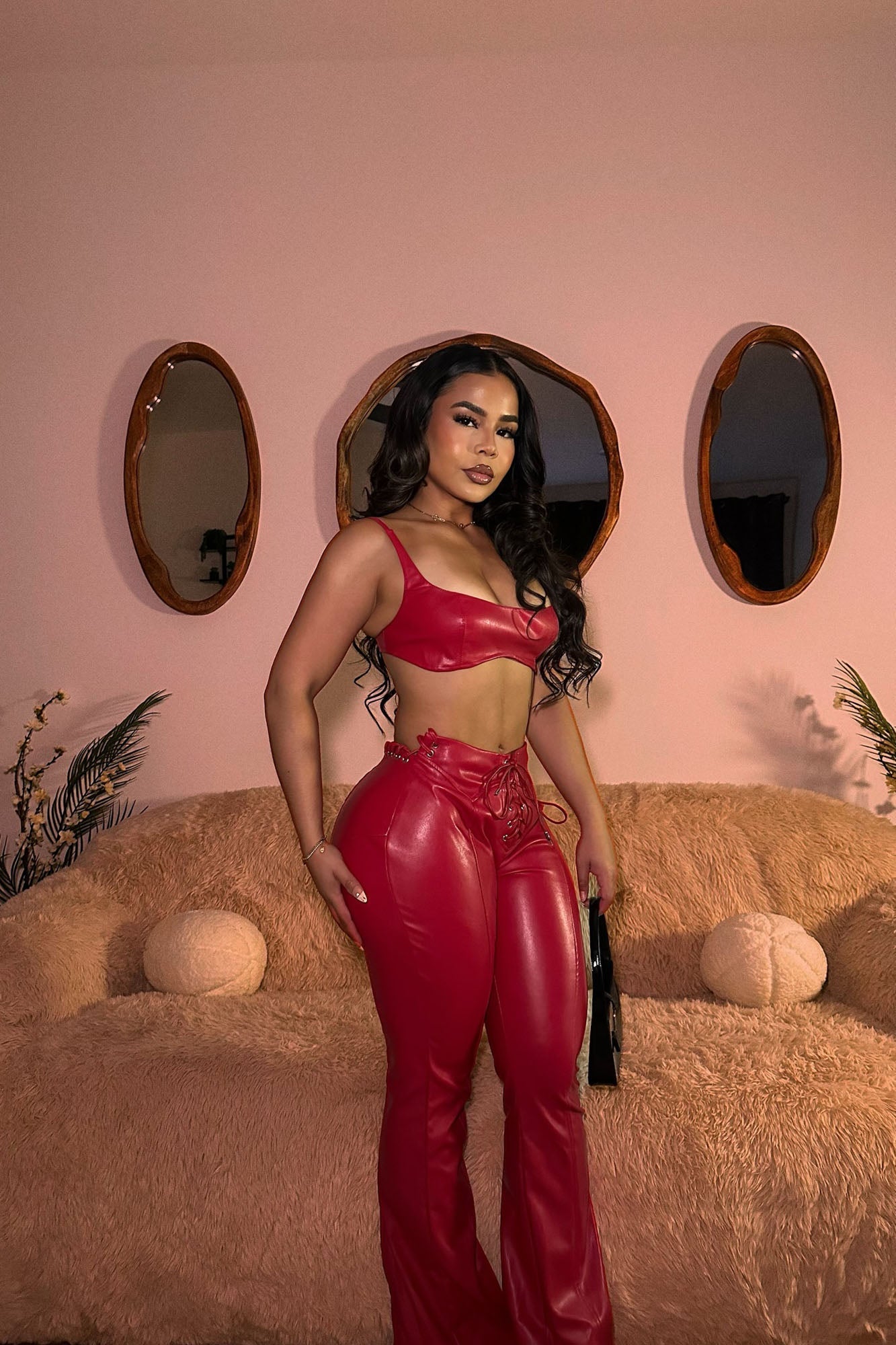 Vivienne Faux Leather Lace Up Pant - Red